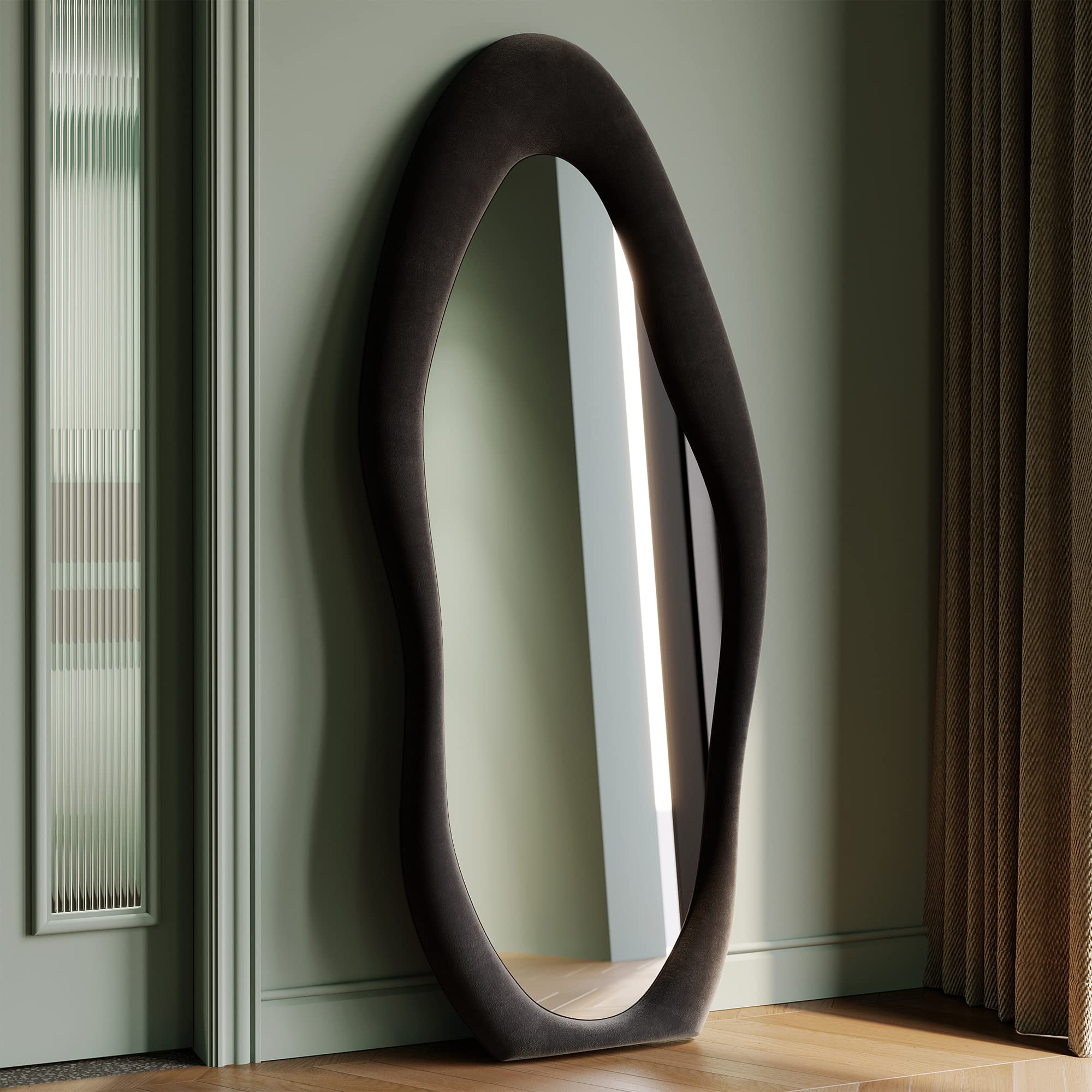 Honyee Full Length Mirror, 63" x 24" Wall Mirror, Flannel Wrapped Wooden Frame Floor Mirror, Irregular Wavy Mirror Hanging or Leaning Against Wall for Cloakroom/Bedroom/Living Room, Milk Tea