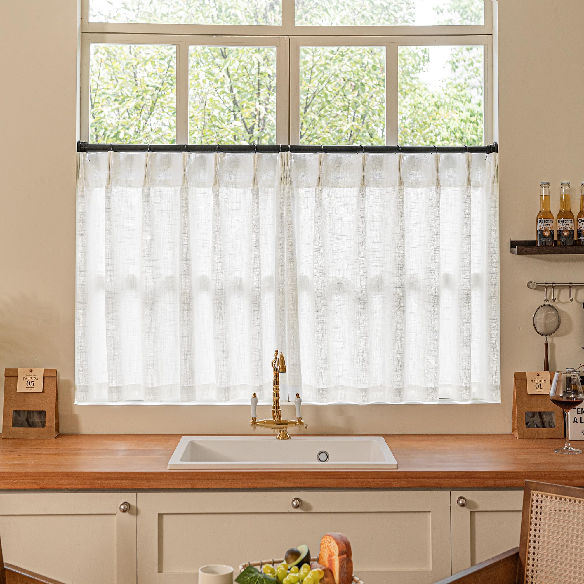 Pinch Pleated Linen Curtains 108 Inches Long for Living Room 2 Panels Set Cream Ivory Flax Double Pleated Drapes Back Tab Neutral Boho Ceiling Floor 108 Inch Window Curtains Bedroom Natural Birch