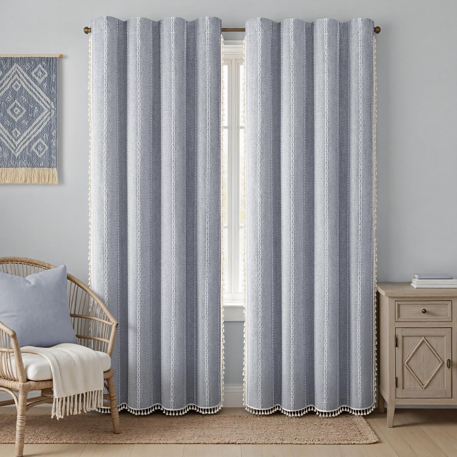 Boho Blackout Curtains 2 Panels 84 Inch for Living Room Bedroom, Beige Linen Texture Farmhouse Curtains with Tassels and Cotton Embroidery Vintage Rustic Western Rod Pocket