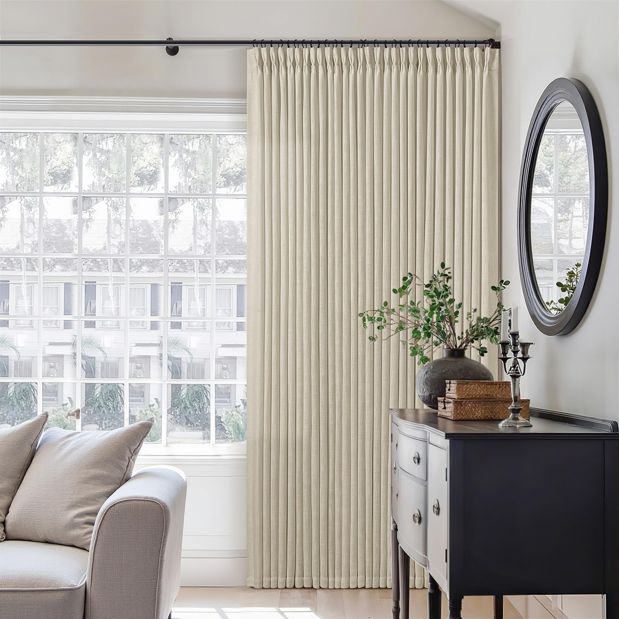 Pinch Pleated Linen Curtains 108 Inches Long for Living Room 2 Panels Set Cream Ivory Flax Double Pleated Drapes Back Tab Neutral Boho Ceiling Floor 108 Inch Window Curtains Bedroom Natural Birch