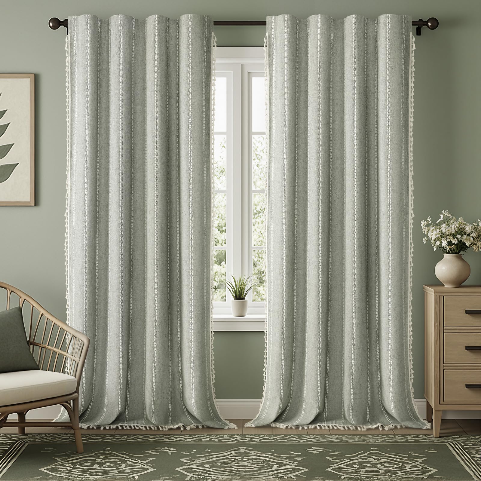 Boho Blackout Curtains 2 Panels 84 Inch for Living Room Bedroom, Beige Linen Texture Farmhouse Curtains with Tassels and Cotton Embroidery Vintage Rustic Western Rod Pocket