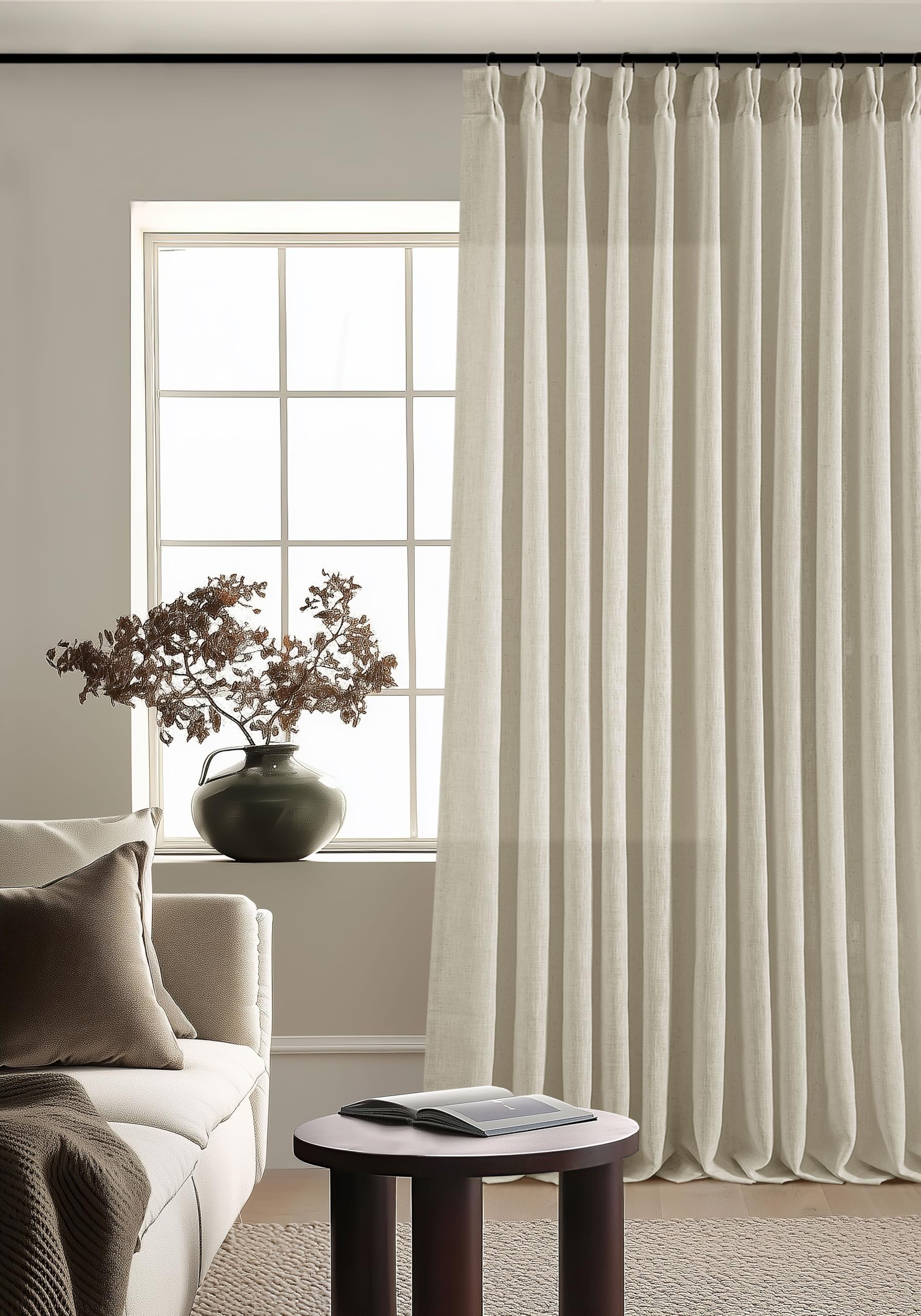 Pinch Pleated Linen Curtains 108 Inches Long for Living Room 2 Panels Set Cream Ivory Flax Double Pleated Drapes Back Tab Neutral Boho Ceiling Floor 108 Inch Window Curtains Bedroom Natural Birch