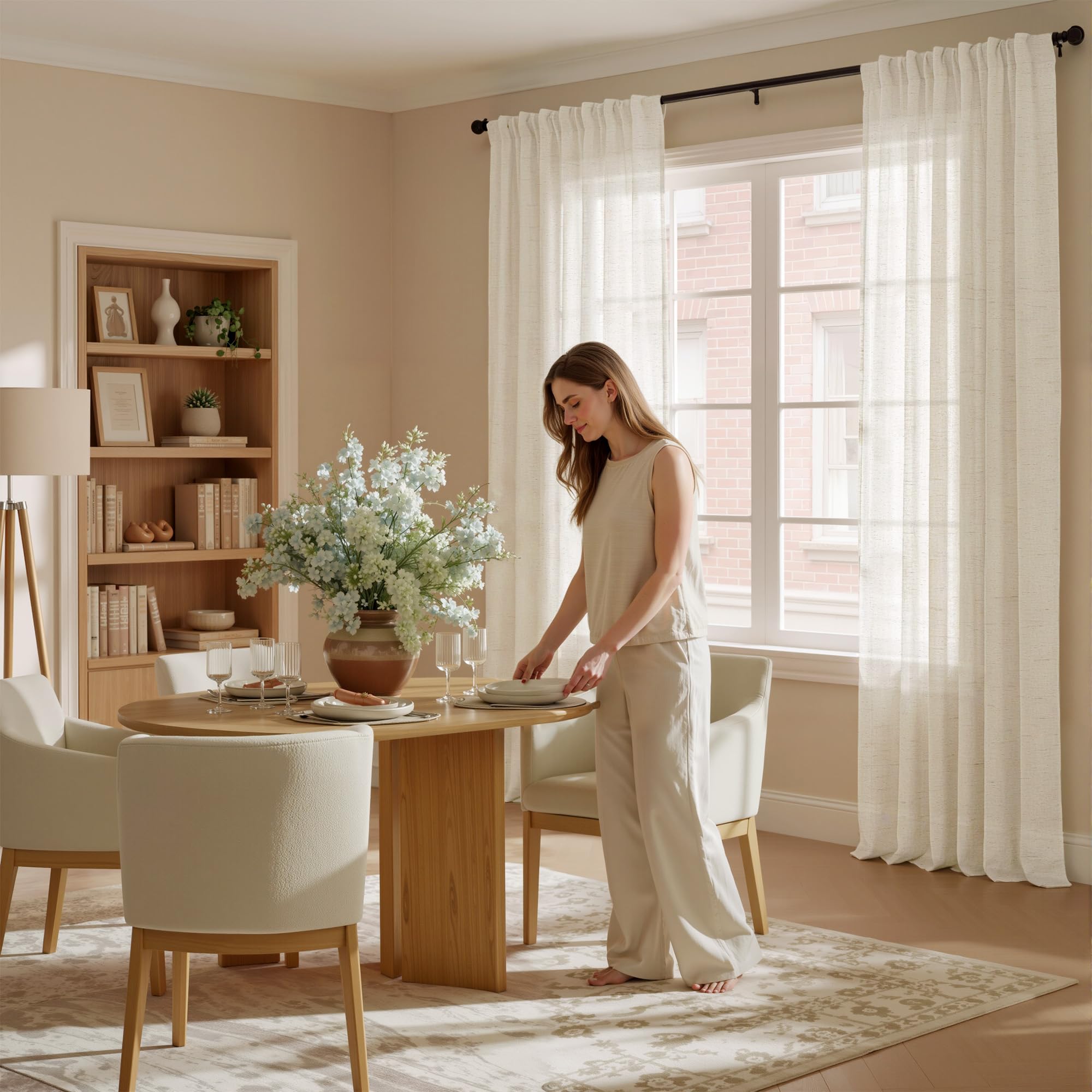 NICETOWN 120 inch Curtains Linen Blend for Bedroom, Rod Pocket & Back Tab Natural Linen Burlap Semi Sheer Window Treatments Privacy with Light Filtering for Living Room, W52 x L120, 2 Panels