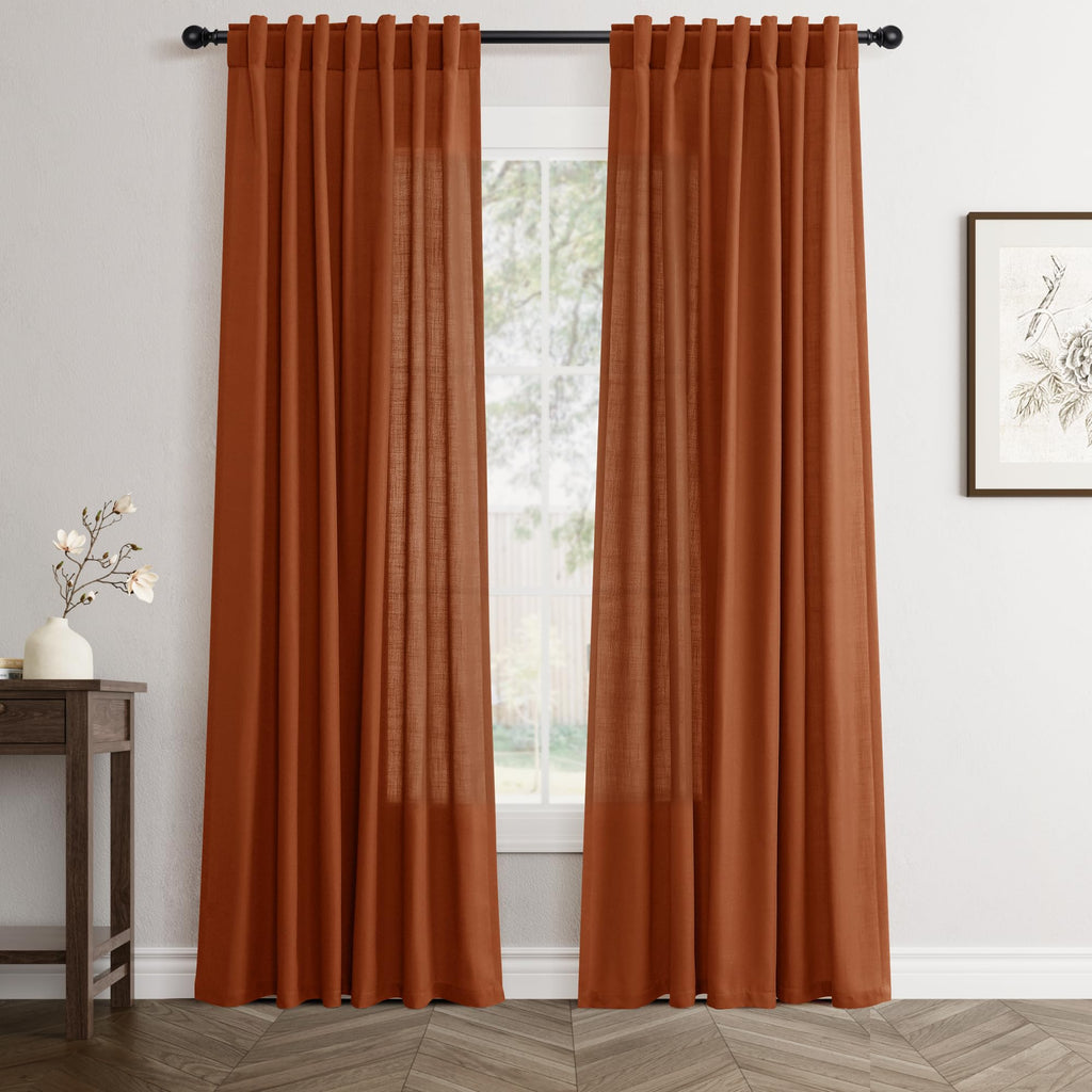 Flax Linen Beige Curtains 96 inches Long 2 Panel for Living Room Back Tab Pocket Drapes Semi Sheer Privacy Khaki Window Curtain Country Rustic Farmhouse Cloth Curtain for Dinning Room Tan