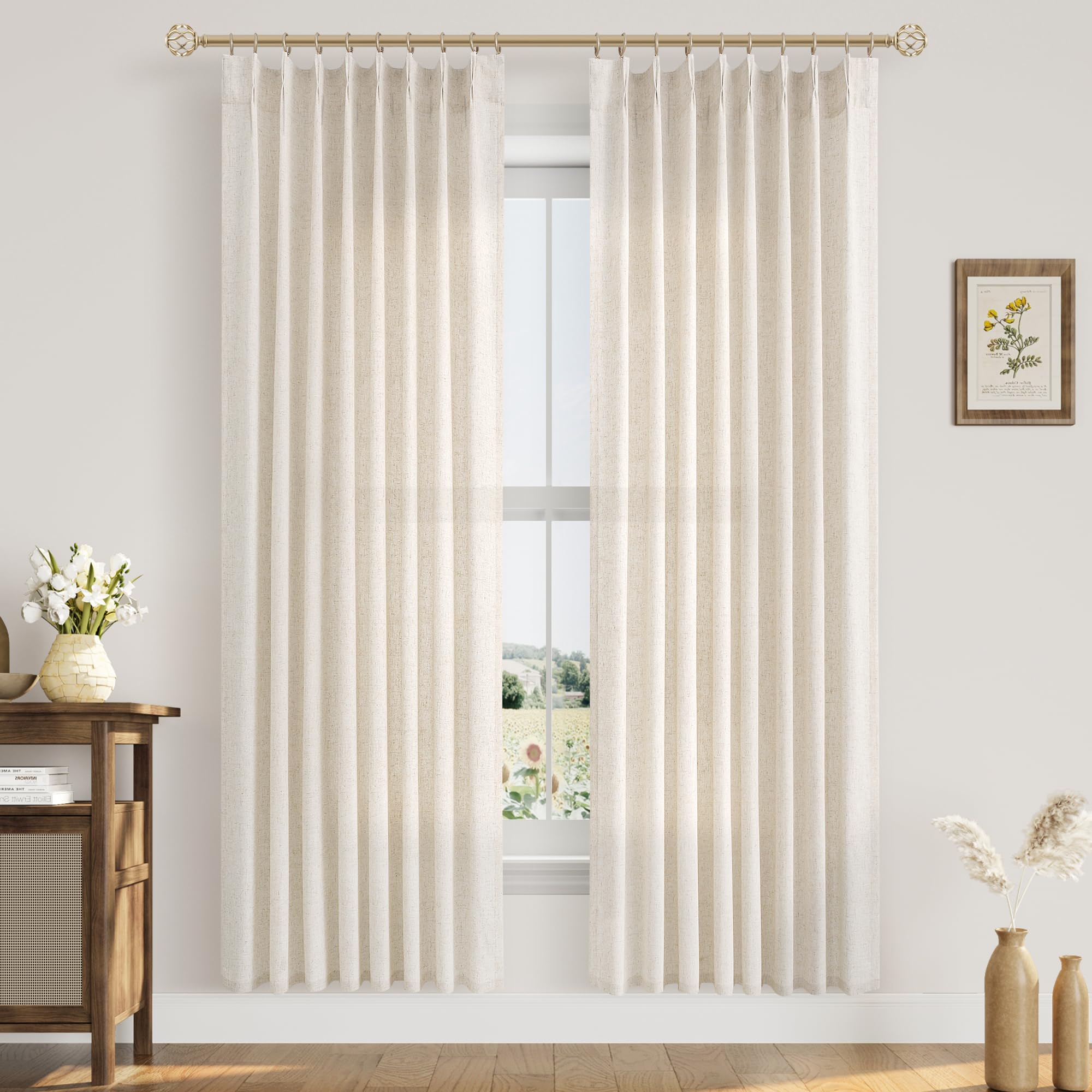 Extra Long Linen Curtains 108 Inch for Living Room Cream Pinch Pleated 9 FT Drapes Semi Sheer Ceiling to Floor Curtain for Bedroom Back Tab Flax Neutral Boho Decor Window, Natural Beige Ivory 2 Panels
