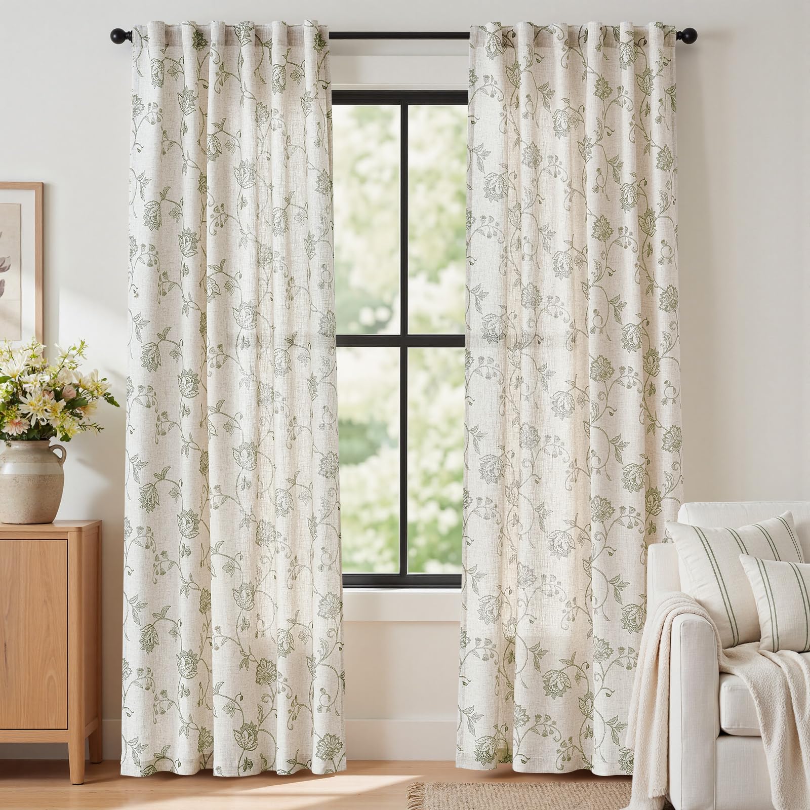 jinchan Linen Floral Curtains for Living Room with Printed Flower 84 Inches Long Light Filtering French Country Back Tab Rod Pocket Taupe Window Curtain Set Farmhouse Drapes 2 Panels Taupe