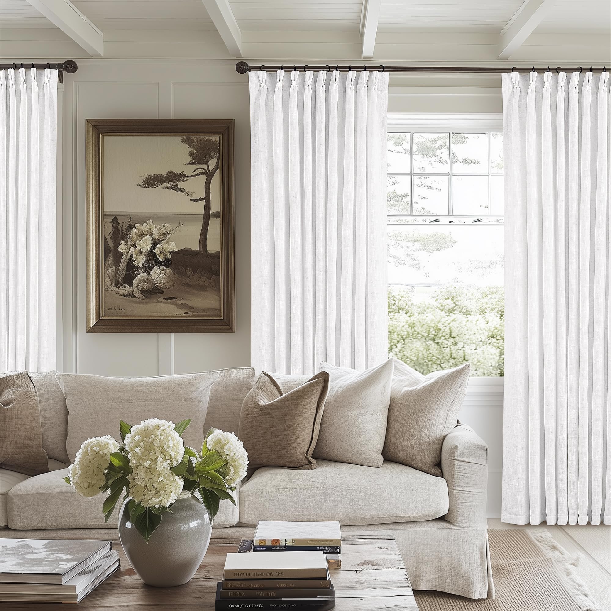 Pinch Pleated Linen Curtains 108 Inches Long for Living Room 2 Panels Set Cream Ivory Flax Double Pleated Drapes Back Tab Neutral Boho Ceiling Floor 108 Inch Window Curtains Bedroom Natural Birch