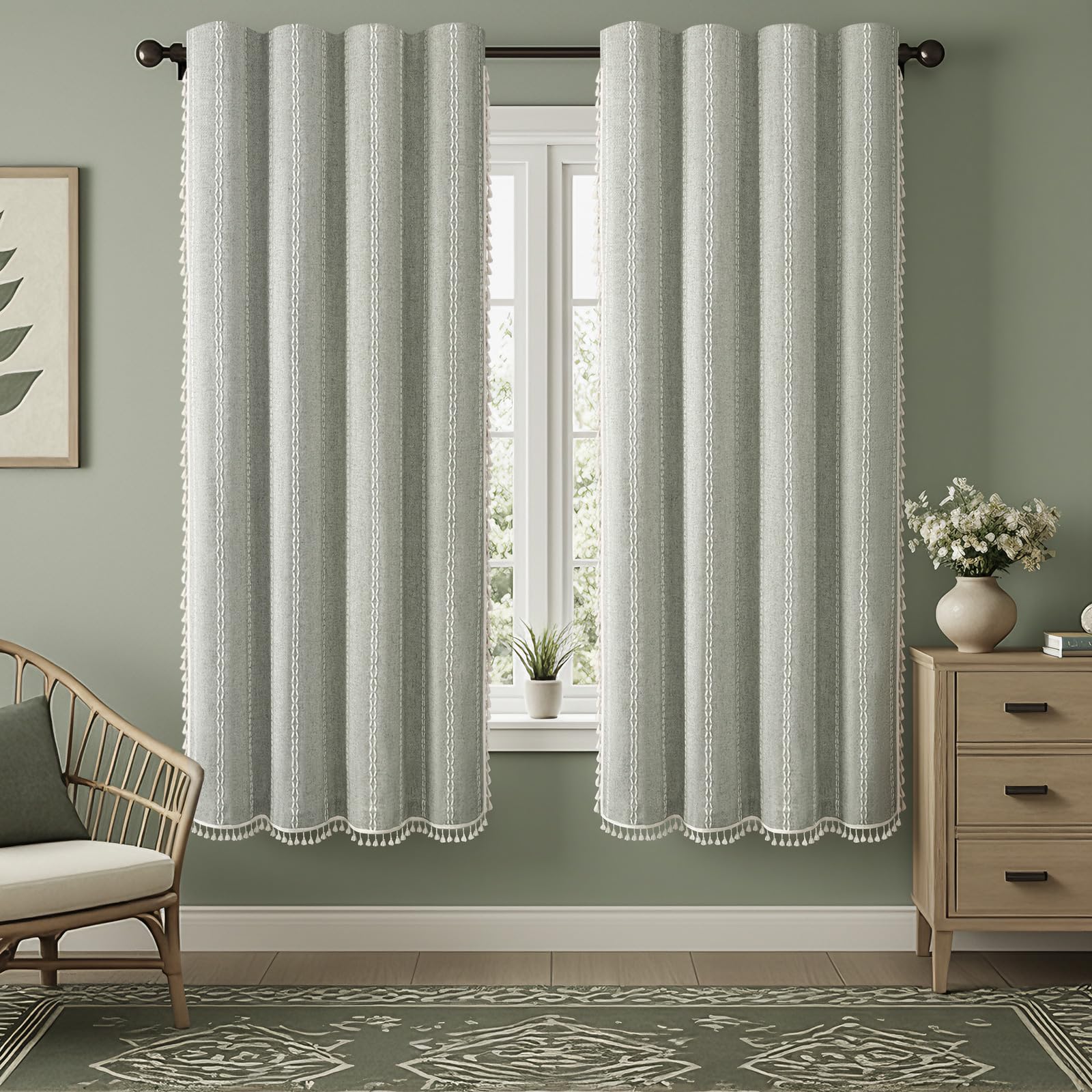 Boho Blackout Curtains 2 Panels 84 Inch for Living Room Bedroom, Beige Linen Texture Farmhouse Curtains with Tassels and Cotton Embroidery Vintage Rustic Western Rod Pocket