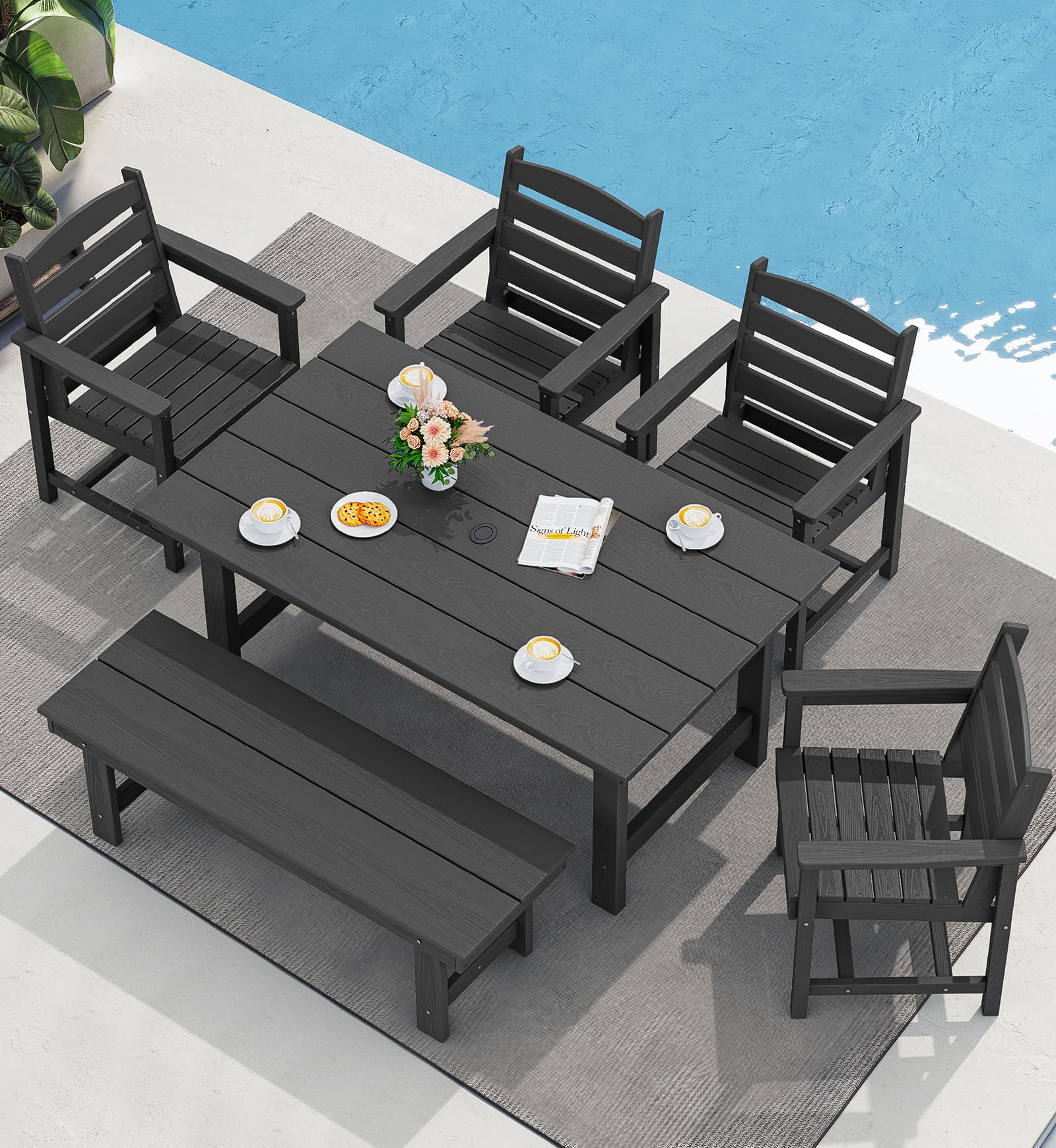 SERWALL Patio Dining Sets for 6 Person, HDPE Dining Set with 6 Armless Chairs, Black