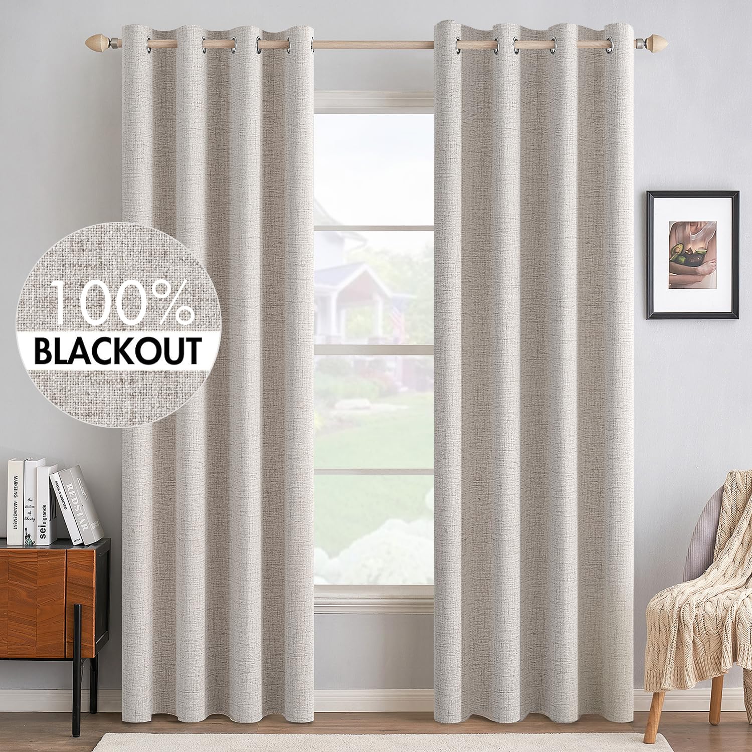 MIULEE Linen Texture Curtains for Bedroom Solid 100% Blackout Thermal Insulated Dusty Blue Curtains Grommet Room Darkening Drapes Luxury Decor for Living Room Nursery 52x84 Inch (2 Panels)