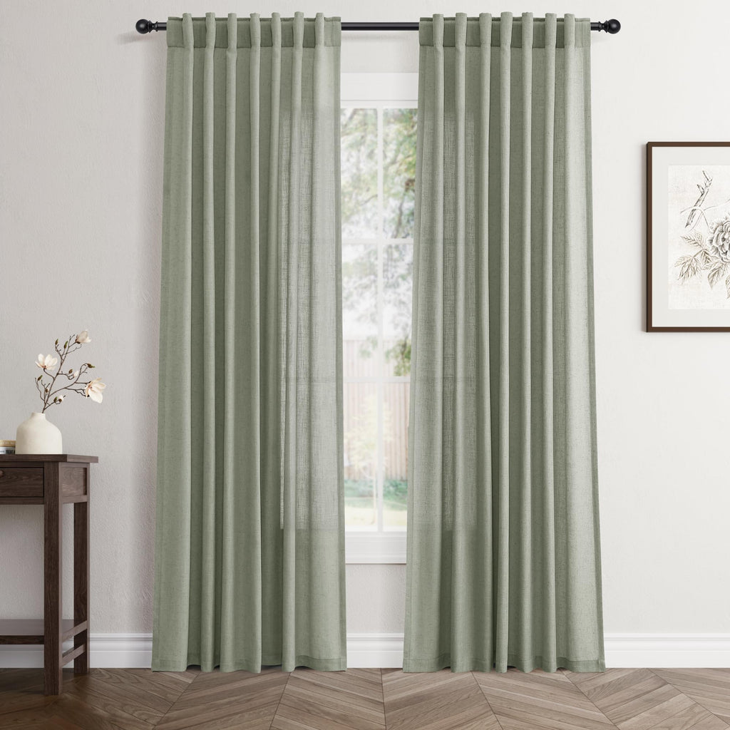 Flax Linen Beige Curtains 96 inches Long 2 Panel for Living Room Back Tab Pocket Drapes Semi Sheer Privacy Khaki Window Curtain Country Rustic Farmhouse Cloth Curtain for Dinning Room Tan