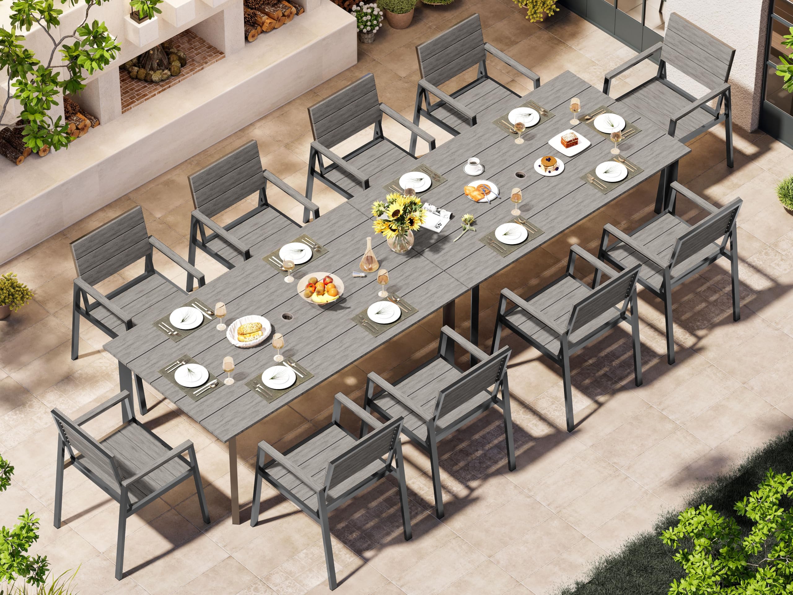 Outdoor Dining Set, Patio Table and Chairs Set with Umbrella Hole, 7 Pieces HDPS + Aluminum Patio Dining Furniture Set for Backyard, Garden (Gray & Teak)