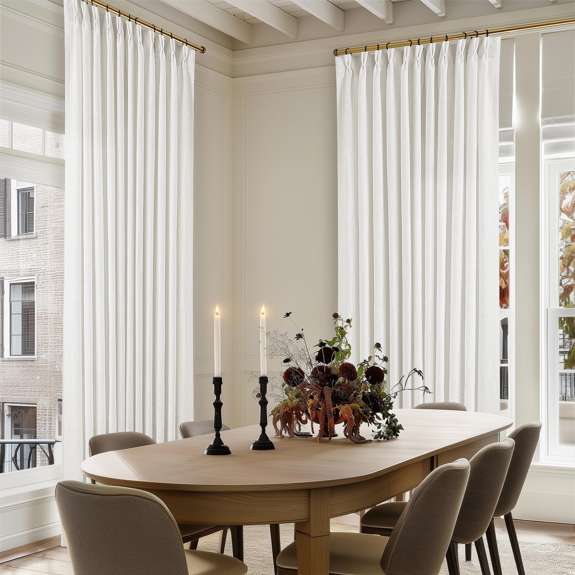 Pinch Pleated Linen Curtains 108 Inches Long for Living Room 2 Panels Set Cream Ivory Flax Double Pleated Drapes Back Tab Neutral Boho Ceiling Floor 108 Inch Window Curtains Bedroom Natural Birch