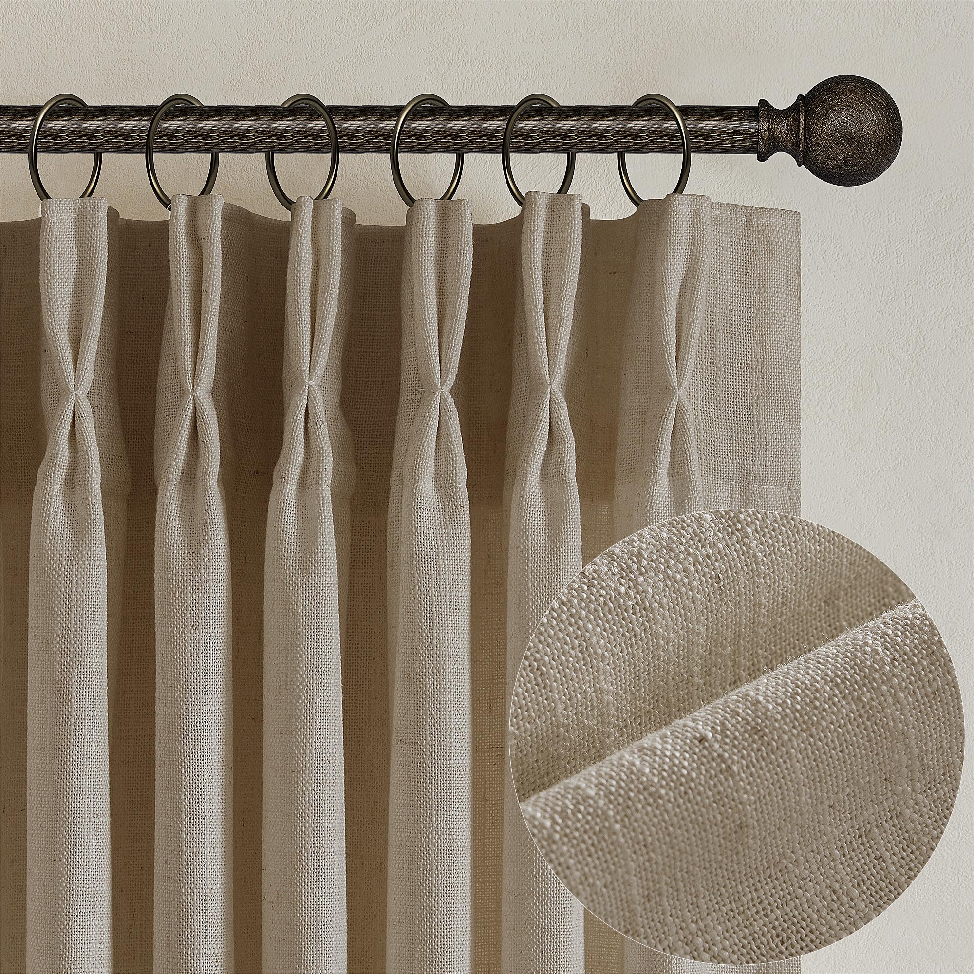 Pinch Pleated Linen Curtains 108 Inches Long for Living Room 2 Panels Set Cream Ivory Flax Double Pleated Drapes Back Tab Neutral Boho Ceiling Floor 108 Inch Window Curtains Bedroom Natural Birch