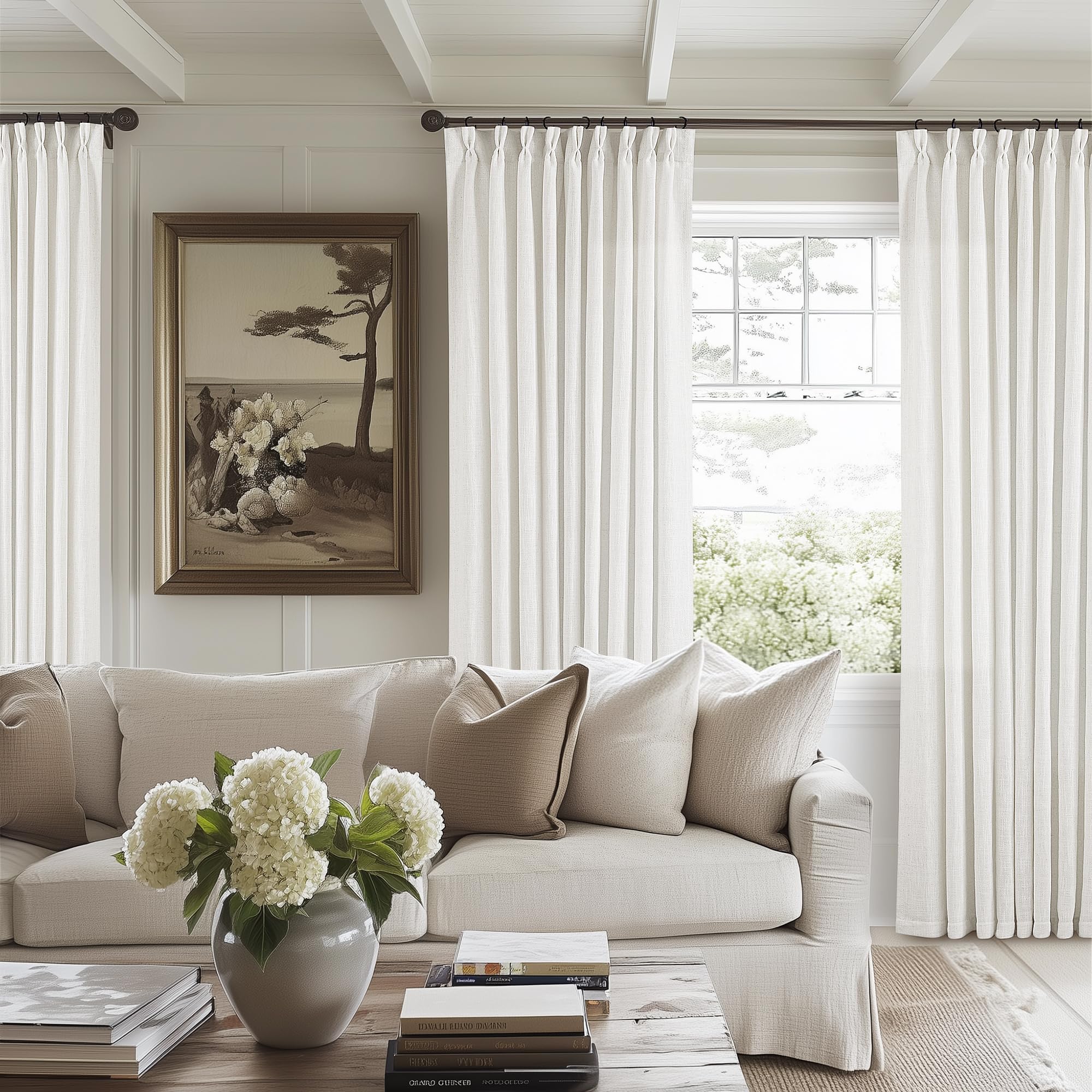 Pinch Pleated Linen Curtains 108 Inches Long for Living Room 2 Panels Set Cream Ivory Flax Double Pleated Drapes Back Tab Neutral Boho Ceiling Floor 108 Inch Window Curtains Bedroom Natural Birch