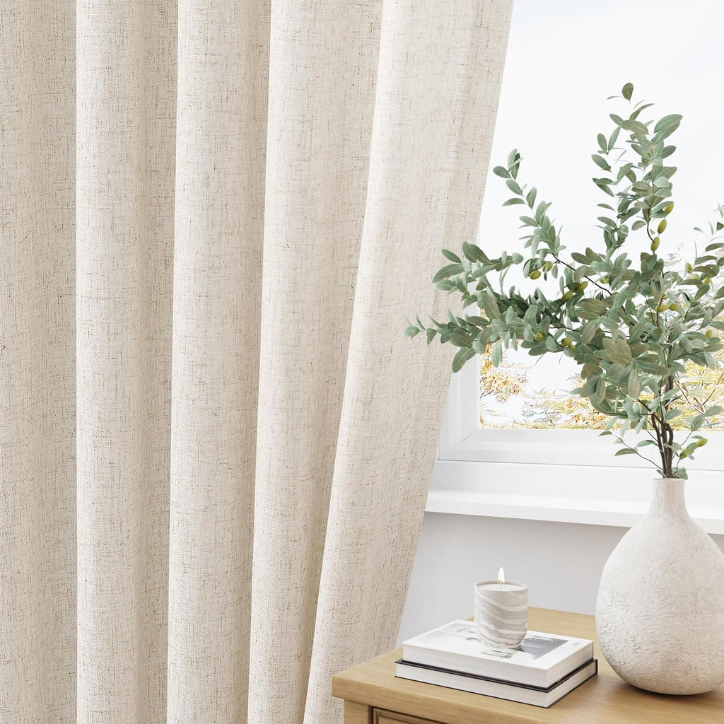 Extra Long Linen Curtains 108 Inch for Living Room Cream Pinch Pleated 9 FT Drapes Semi Sheer Ceiling to Floor Curtain for Bedroom Back Tab Flax Neutral Boho Decor Window, Natural Beige Ivory 2 Panels