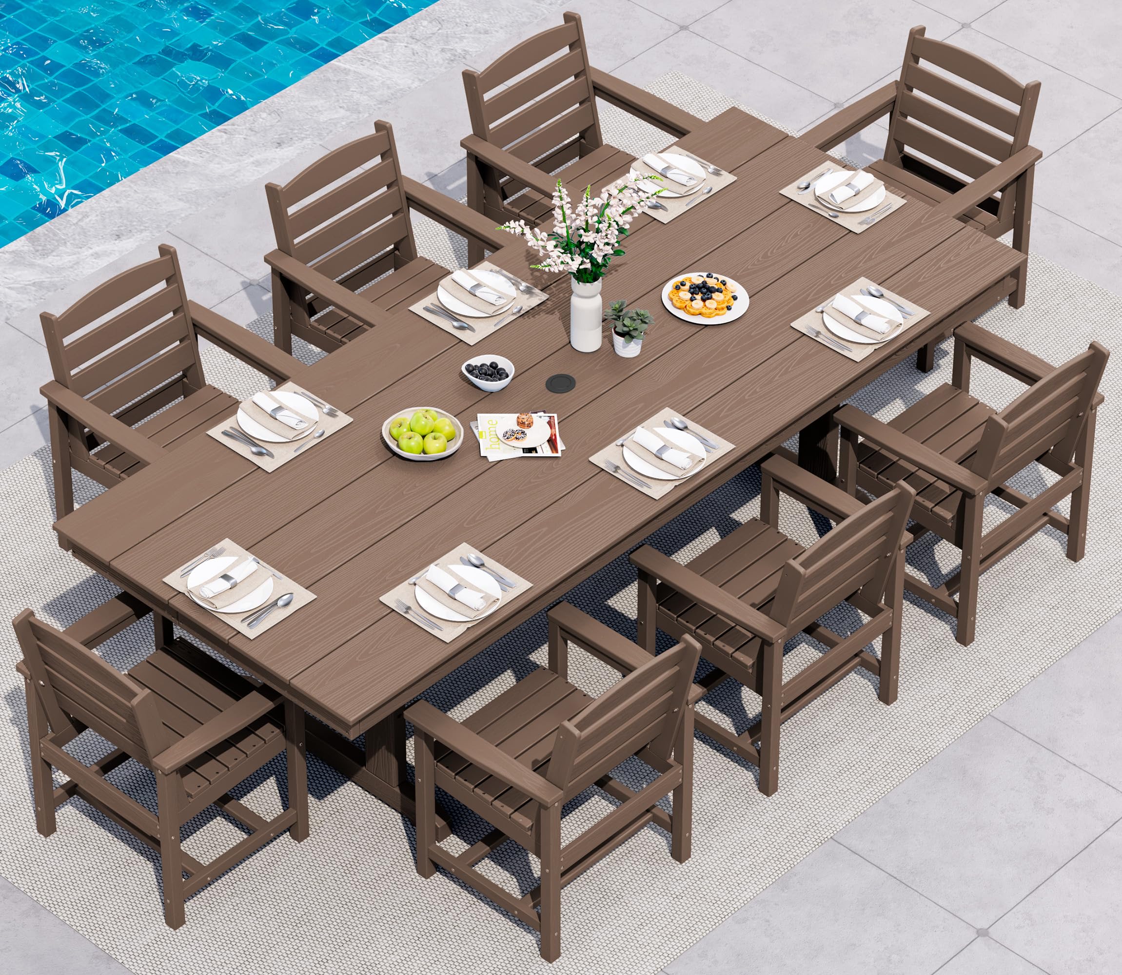 SERWALL 9 Piece Outdoor Dining Set, 84" HDPE Large Patio Dining Furniture Set for 8, with Pre-drilled Umbrella Hole, Outdoor Tables and Chairs Set for Garden, Brown
