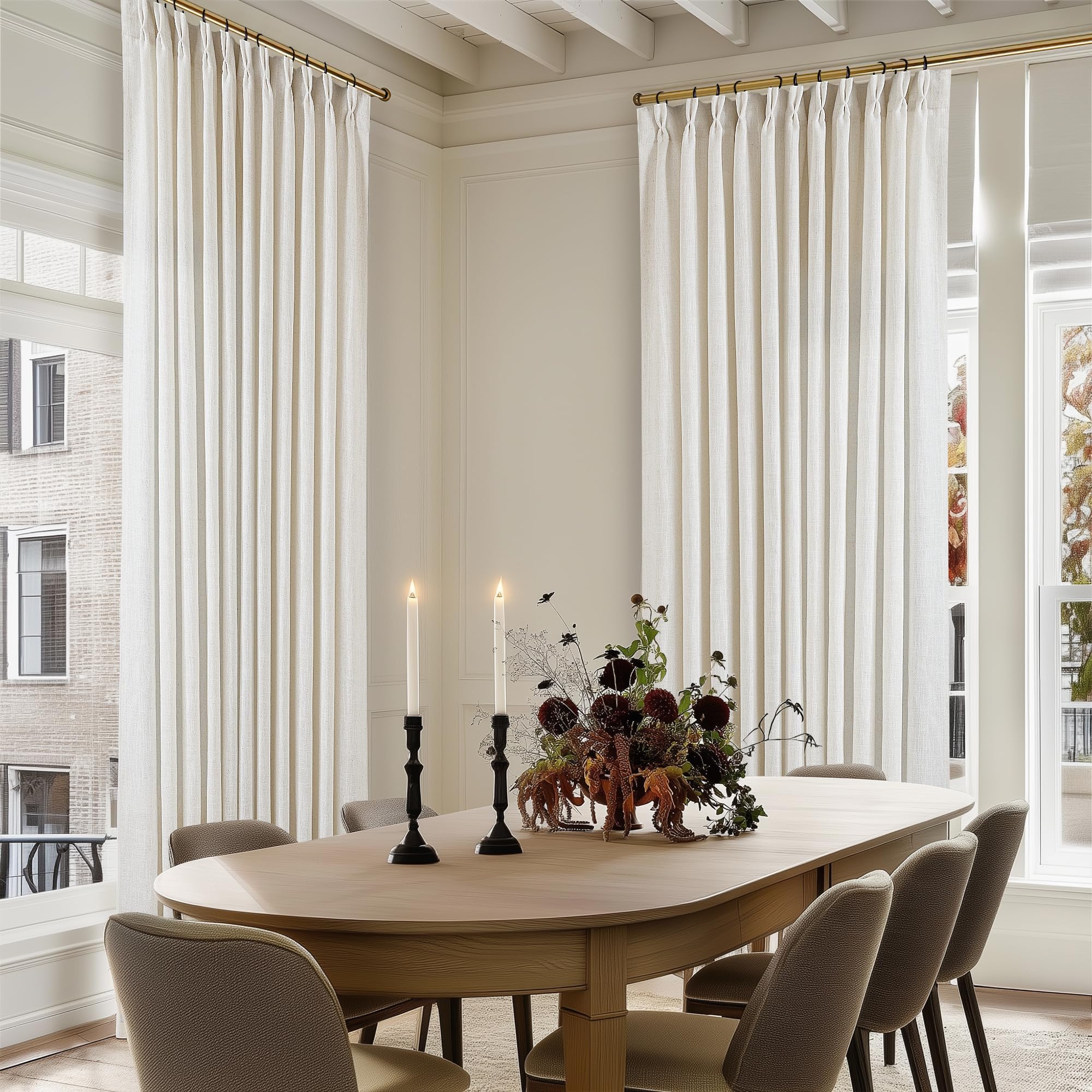 Pinch Pleated Linen Curtains 108 Inches Long for Living Room 2 Panels Set Cream Ivory Flax Double Pleated Drapes Back Tab Neutral Boho Ceiling Floor 108 Inch Window Curtains Bedroom Natural Birch