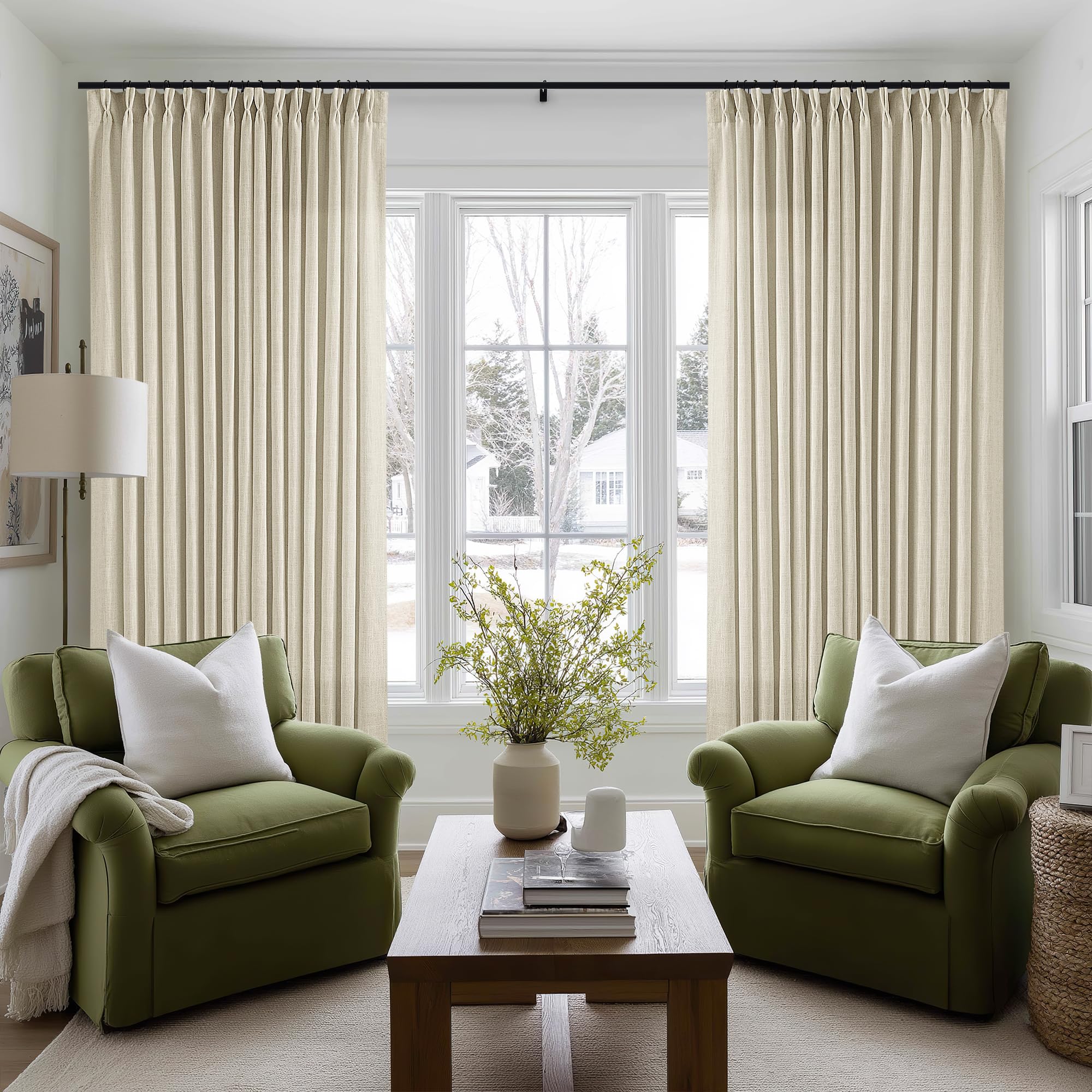 Pinch Pleated Linen Curtains 108 Inches Long for Living Room 2 Panels Set Cream Ivory Flax Double Pleated Drapes Back Tab Neutral Boho Ceiling Floor 108 Inch Window Curtains Bedroom Natural Birch