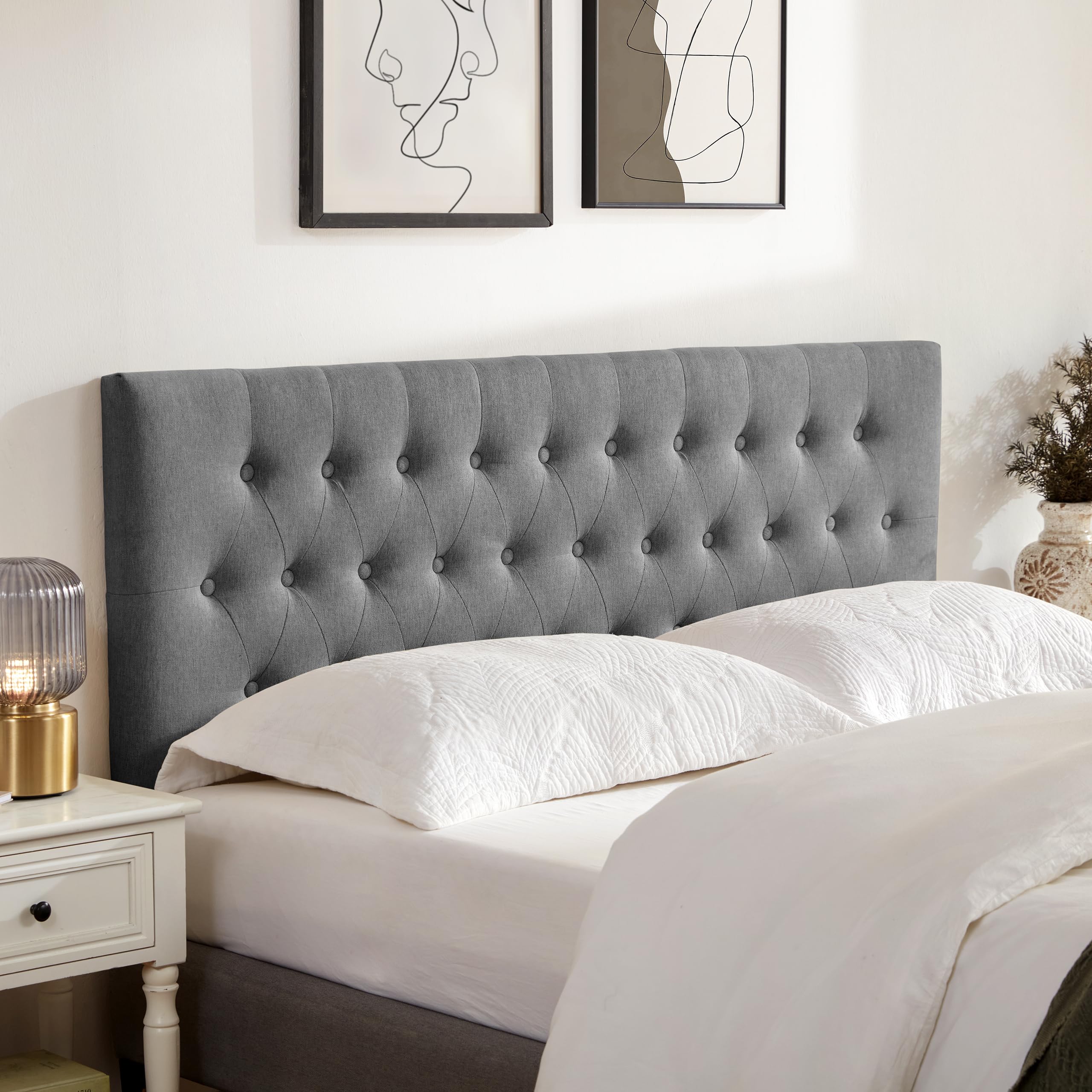 Huatean Home Tufted Upholstered Headboard Queen Size, Solid Wood Head Board with Durable Metal Legs, Adjustable Height Bed headboard from 37” to 51” Fabric Headboard in Modern Button Design, Beige