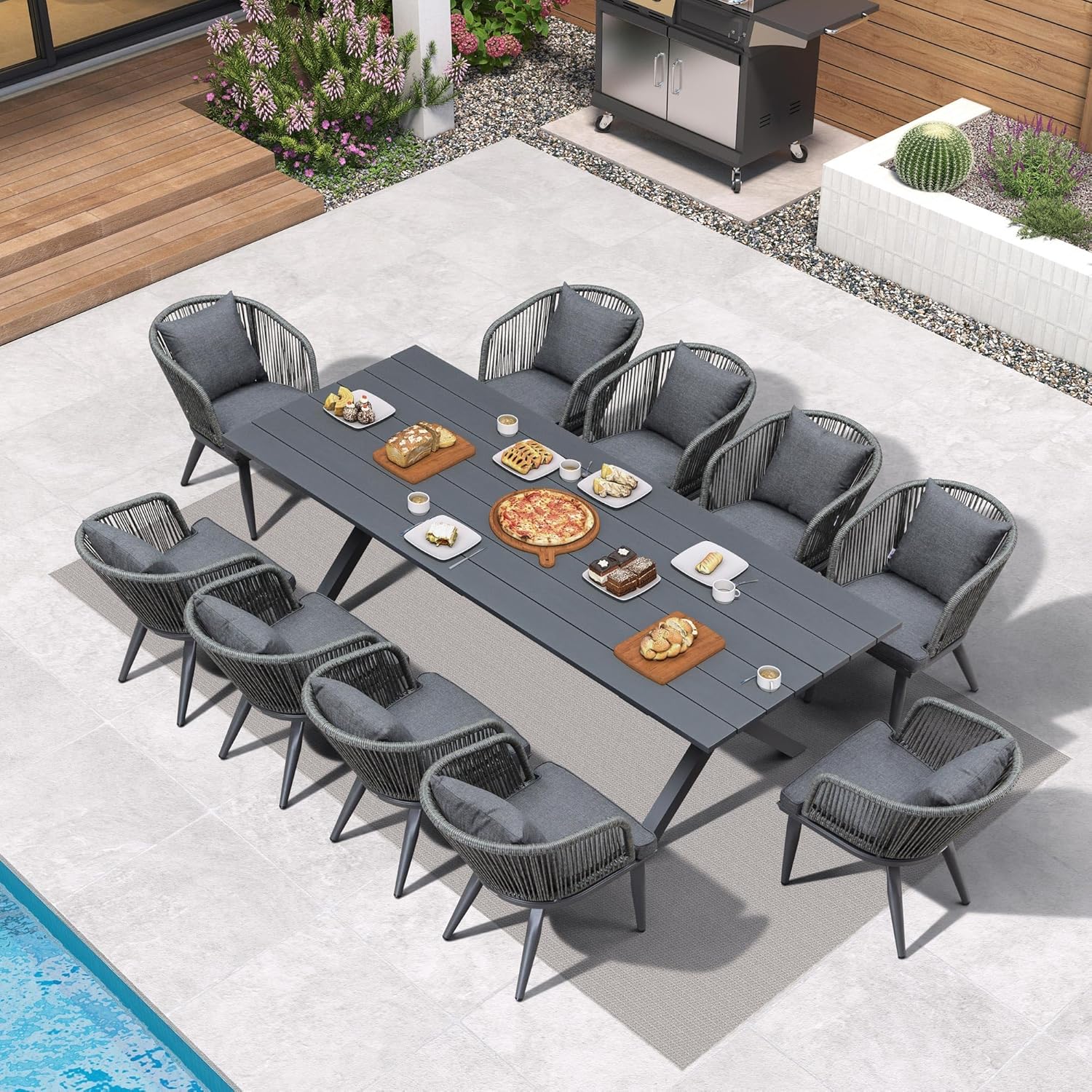 PURPLE LEAF 9 Pieces Patio Dining Set Wicker Outdoor Furniture Rectangular Table and Chairs Set for Garden Deck Teak-Finish Aluminum Frame Backyard Kitchen Set, Cushions and Pillows Included