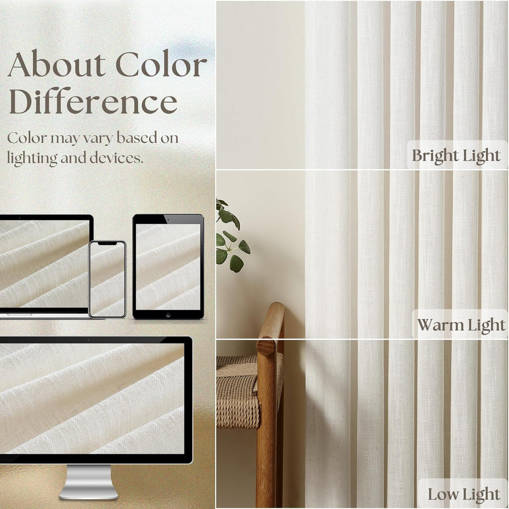 Pinch Pleated Linen Curtains 108 Inches Long for Living Room 2 Panels Set Cream Ivory Flax Double Pleated Drapes Back Tab Neutral Boho Ceiling Floor 108 Inch Window Curtains Bedroom Natural Birch