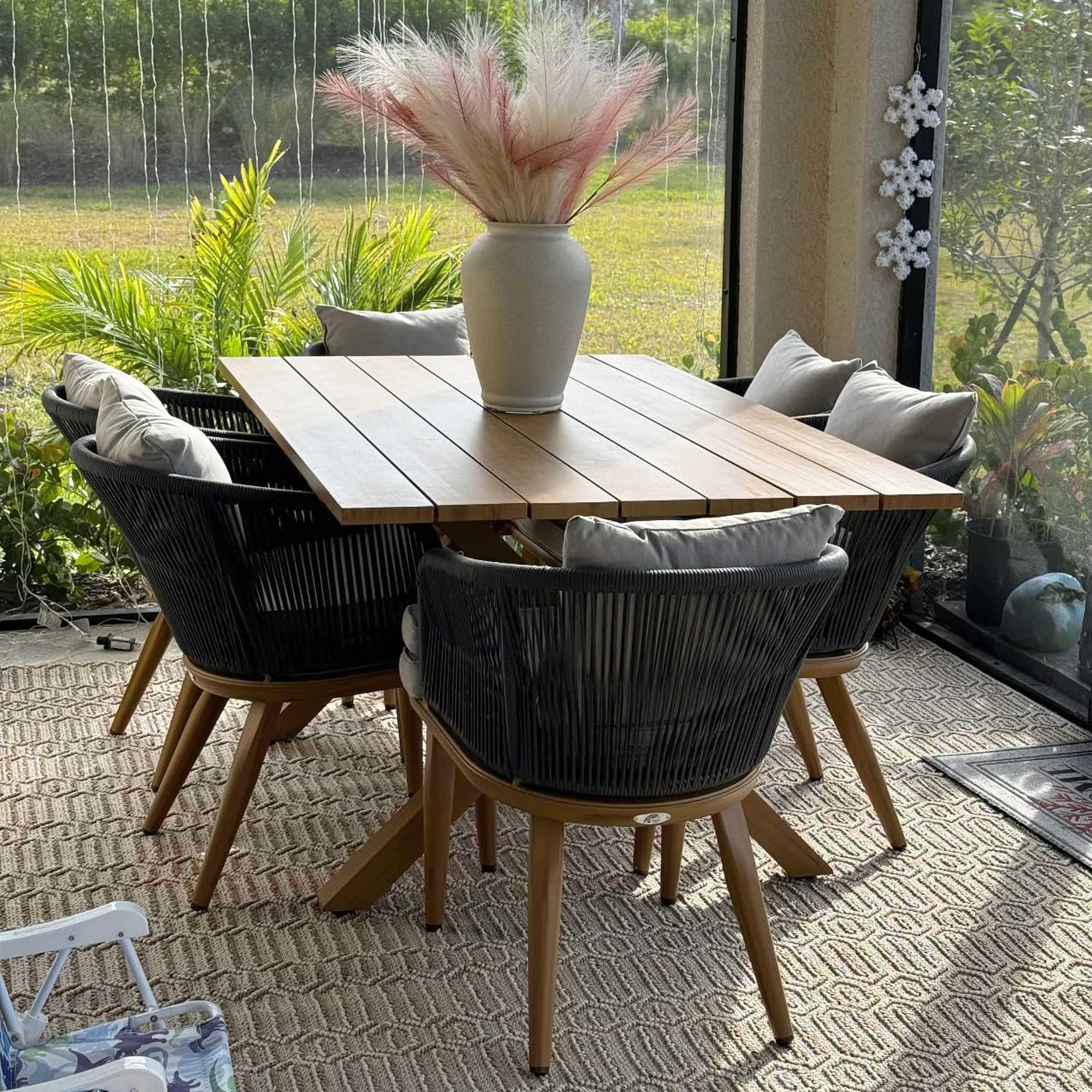 PURPLE LEAF 9 Pieces Patio Dining Set Wicker Outdoor Furniture Rectangular Table and Chairs Set for Garden Deck Teak-Finish Aluminum Frame Backyard Kitchen Set, Cushions and Pillows Included