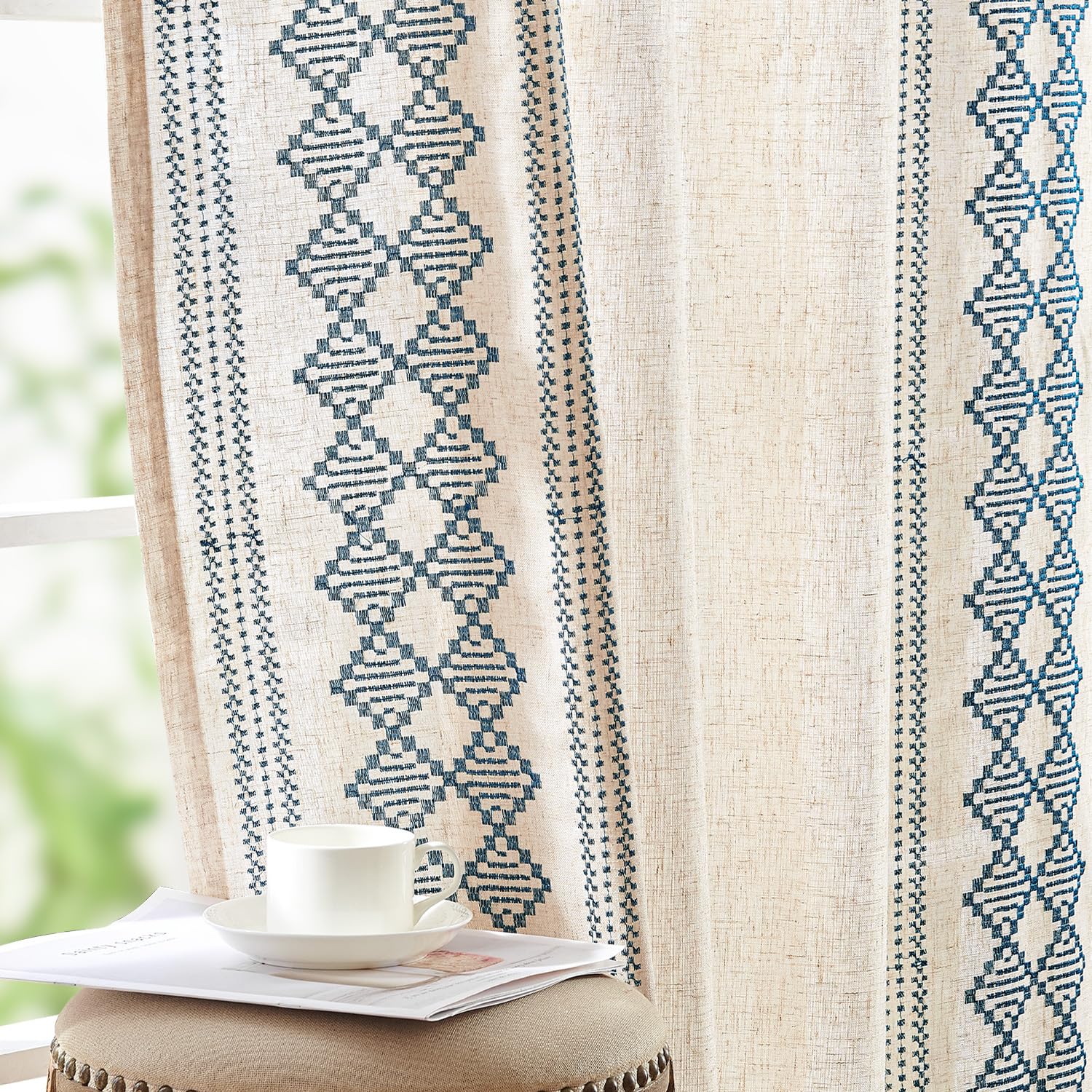 jinchan Weslie Boho Curtains for Bedroom Ivory Vintage Floral Farmhouse Curtains 84 Inches Long Linen Drapes for Living Room Embroidered Light Filtering Drapes Rod Pocket Ivory on Beige 2 Panels