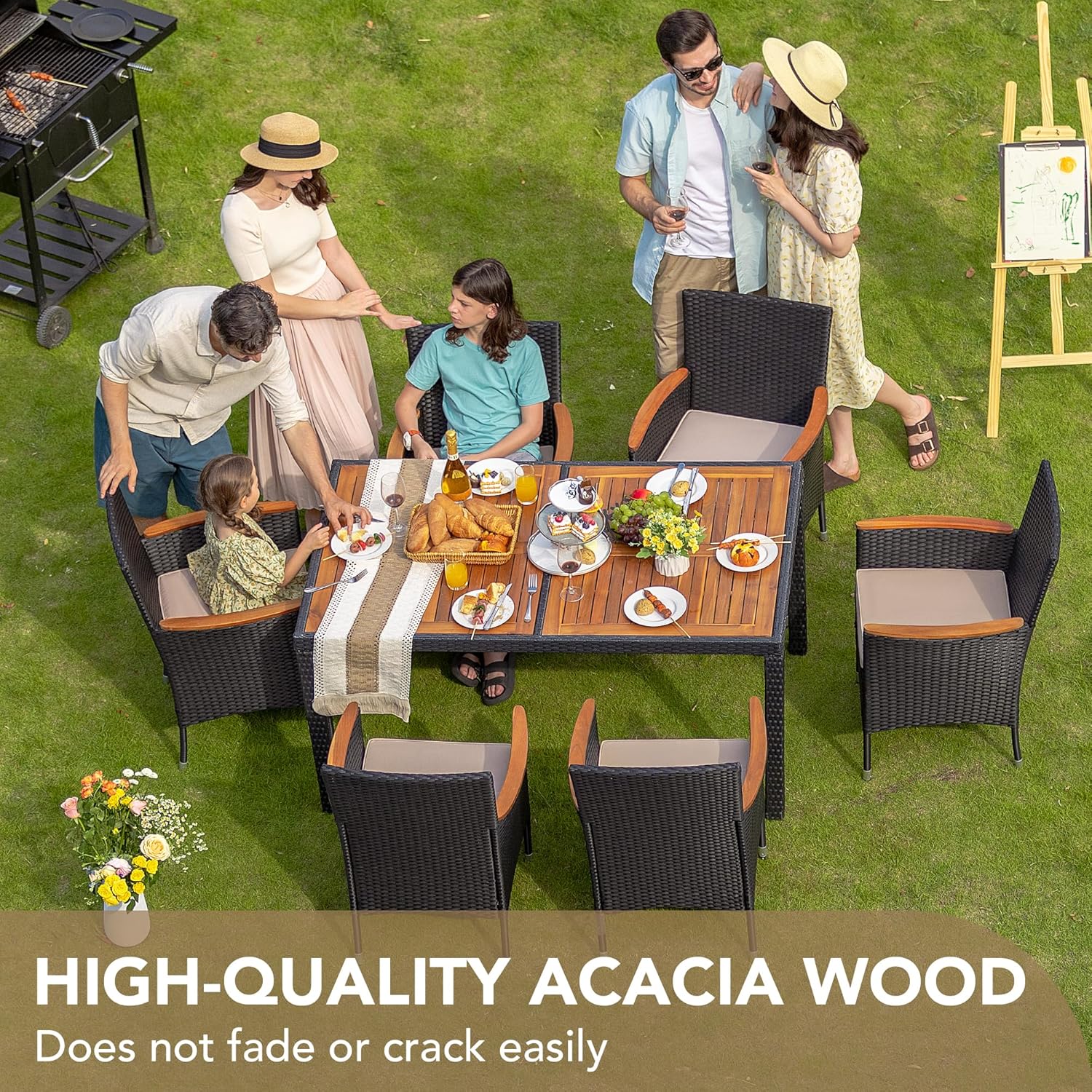 Devoko Dining 7 PCS Furniture, Patio Conversation Set with Acacia Wood Table Top, Outdoor, Beige Cushion and Black Rattan