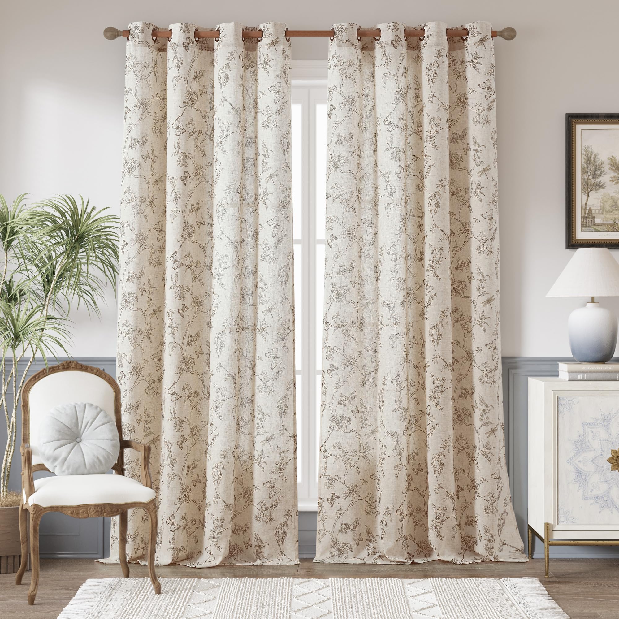 jinchan Linen Floral Curtains for Living Room with Printed Flower 84 Inches Long Light Filtering French Country Back Tab Rod Pocket Taupe Window Curtain Set Farmhouse Drapes 2 Panels Taupe
