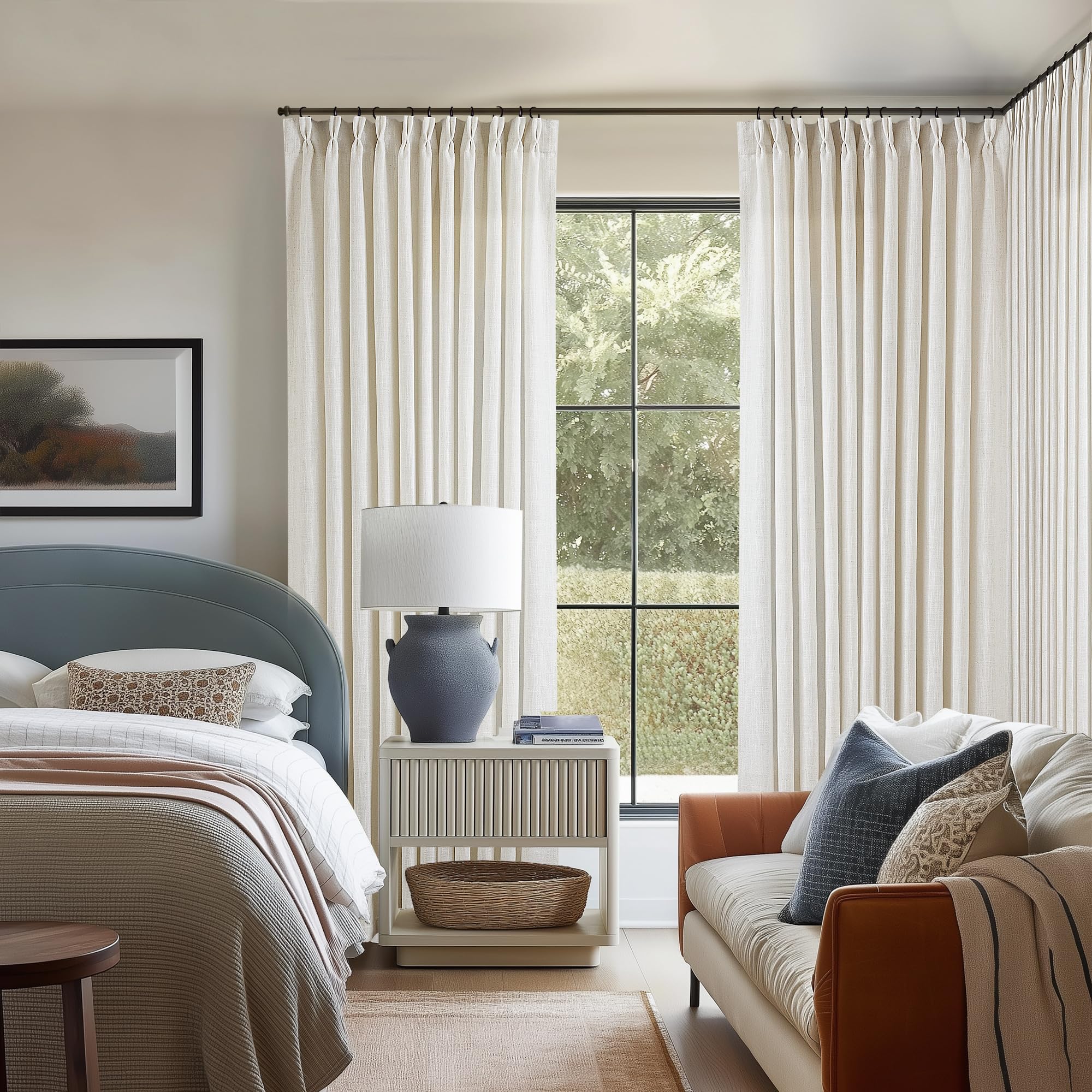 Pinch Pleated Linen Curtains 108 Inches Long for Living Room 2 Panels Set Cream Ivory Flax Double Pleated Drapes Back Tab Neutral Boho Ceiling Floor 108 Inch Window Curtains Bedroom Natural Birch