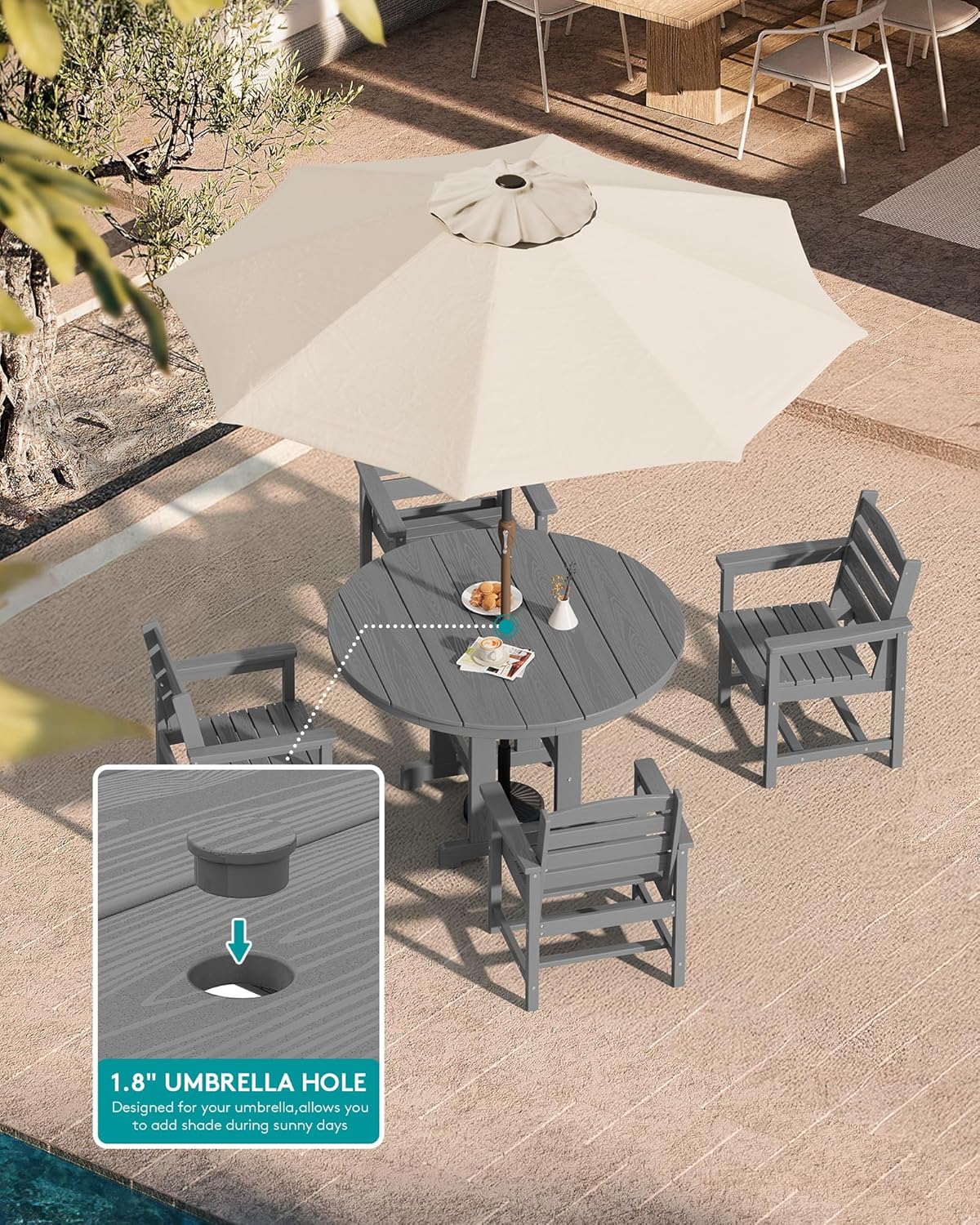 SERWALL 5-Piece Patio Dining Sets, HDPE Outdoor Table and Chairs Furniture Set, 45" Round Dining Table and 4 Dining Chairs, Gray