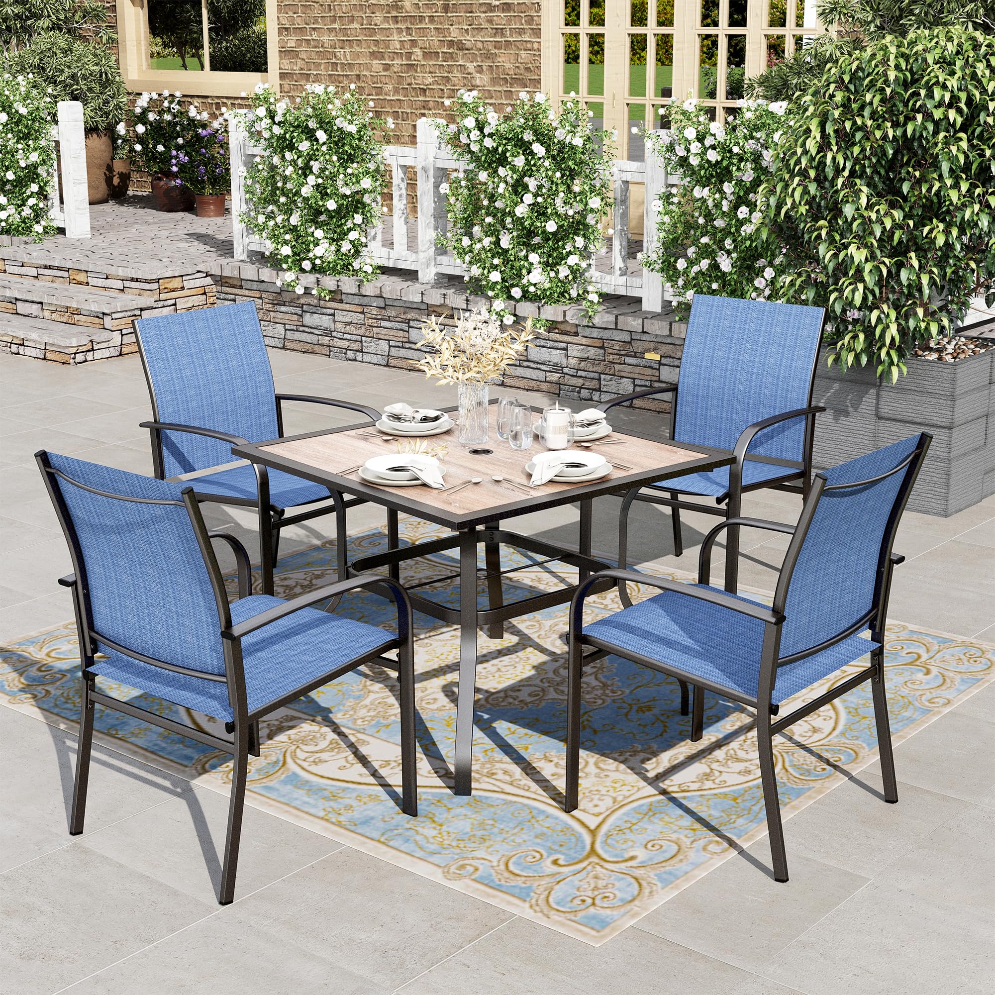 HERA'S HOUSE Patio Table and Chairs for 6, 7 Pieces Outdoor Deck Dining Sets, Wood-Like Rectangular Metal Table Set with Chairs for Lawn Garden Backyard, Brown