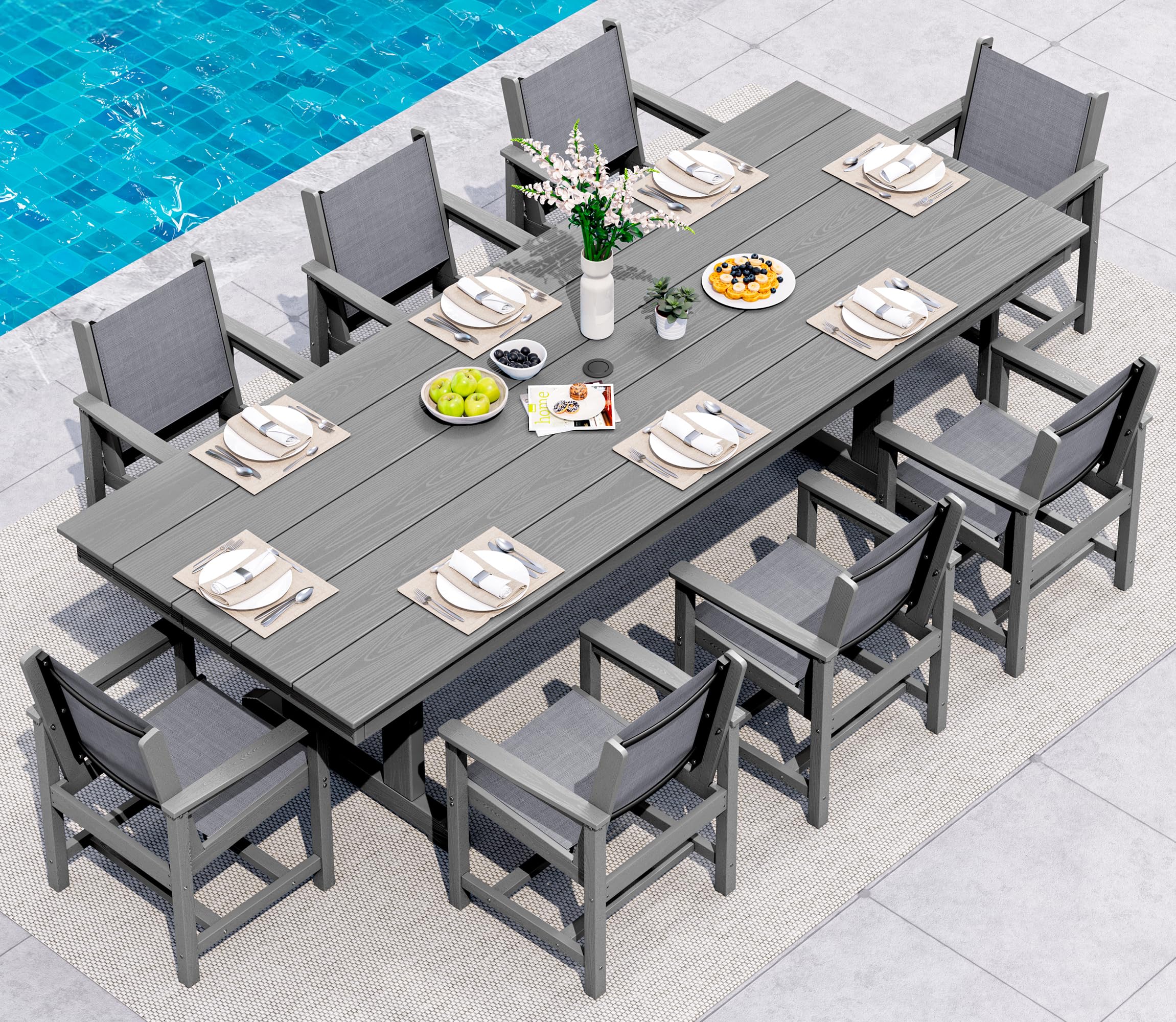 SERWALL 9 Piece Outdoor Dining Set, 84" HDPE Large Patio Dining Furniture Set for 8, with Pre-drilled Umbrella Hole, Outdoor Tables and Chairs Set for Garden, Brown