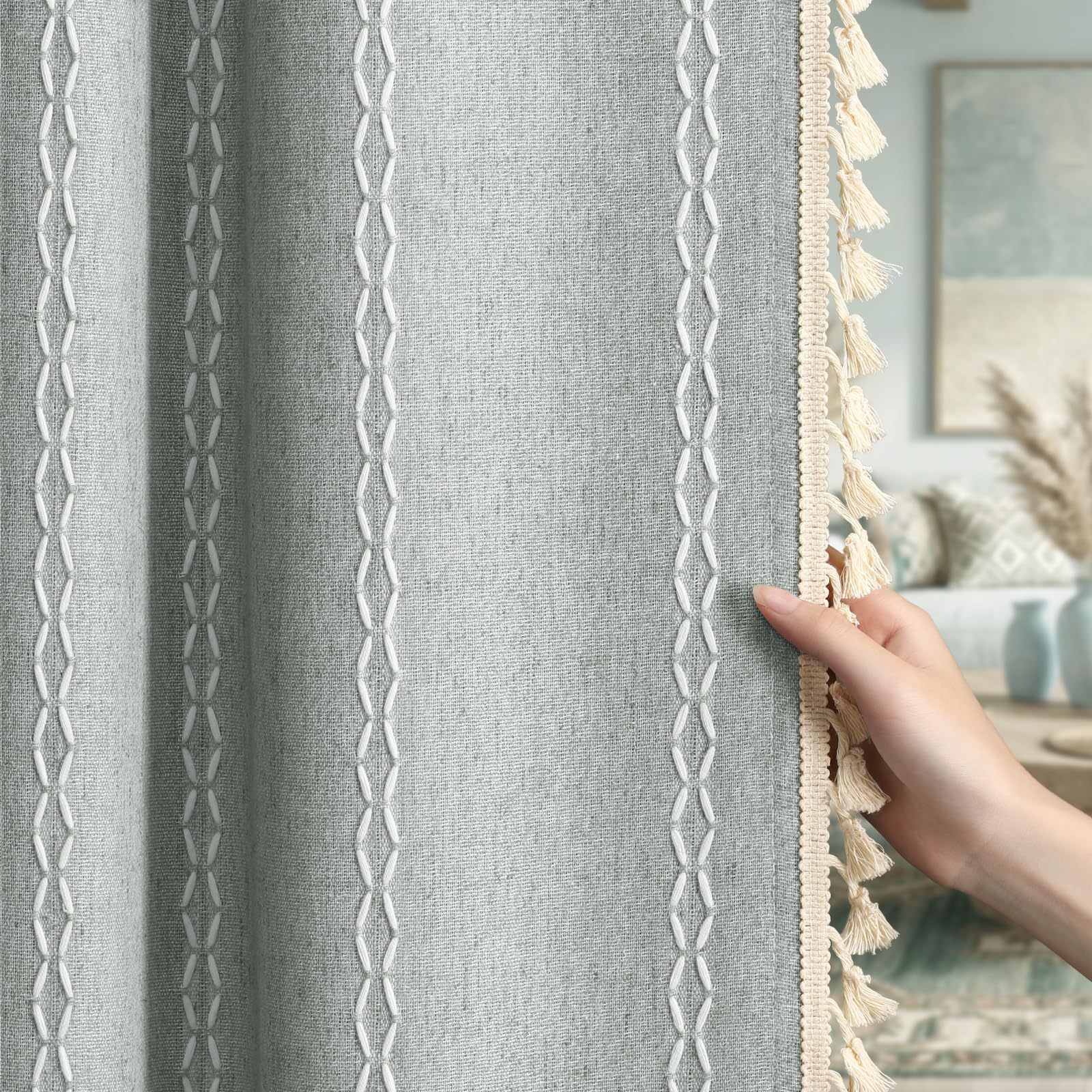 Boho Blackout Curtains 2 Panels 84 Inch for Living Room Bedroom, Beige Linen Texture Farmhouse Curtains with Tassels and Cotton Embroidery Vintage Rustic Western Rod Pocket