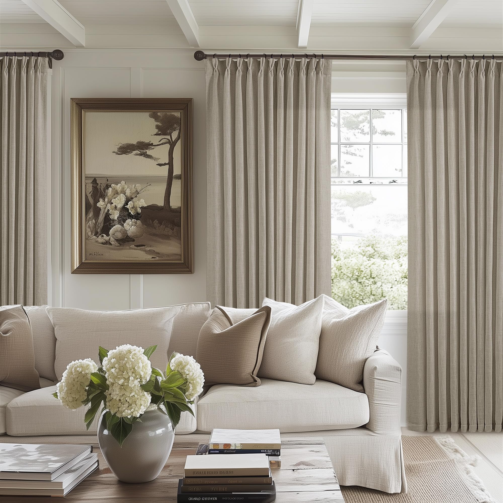 Pinch Pleated Linen Curtains 108 Inches Long for Living Room 2 Panels Set Cream Ivory Flax Double Pleated Drapes Back Tab Neutral Boho Ceiling Floor 108 Inch Window Curtains Bedroom Natural Birch