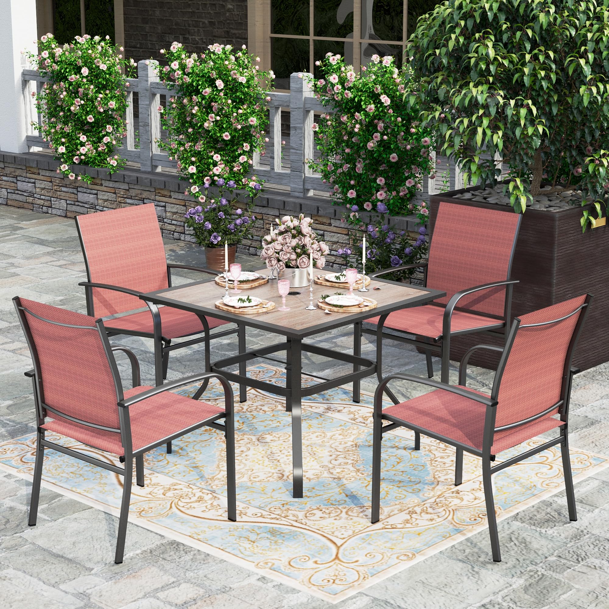 HERA'S HOUSE Patio Table and Chairs for 6, 7 Pieces Outdoor Deck Dining Sets, Wood-Like Rectangular Metal Table Set with Chairs for Lawn Garden Backyard, Brown