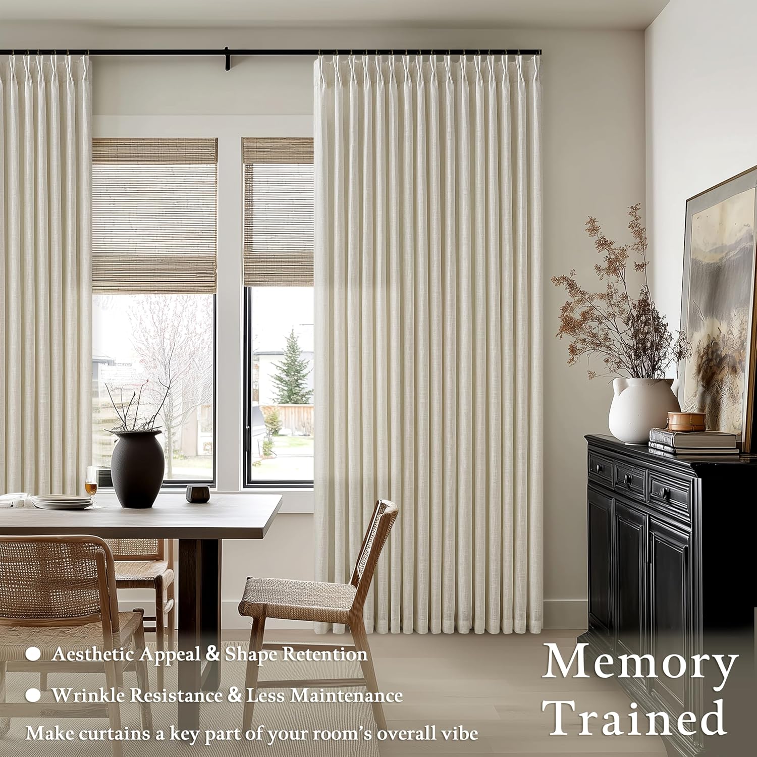 Tan Beige Memory Trained Curtains 105 Inches Long for Living Room 2 Panels Set Rustic Farmhouse Thick Linen Textured Rings Hooks Back Tab Pinch Pleated 100 Inch Curtain Drapes for Dining Bedroom