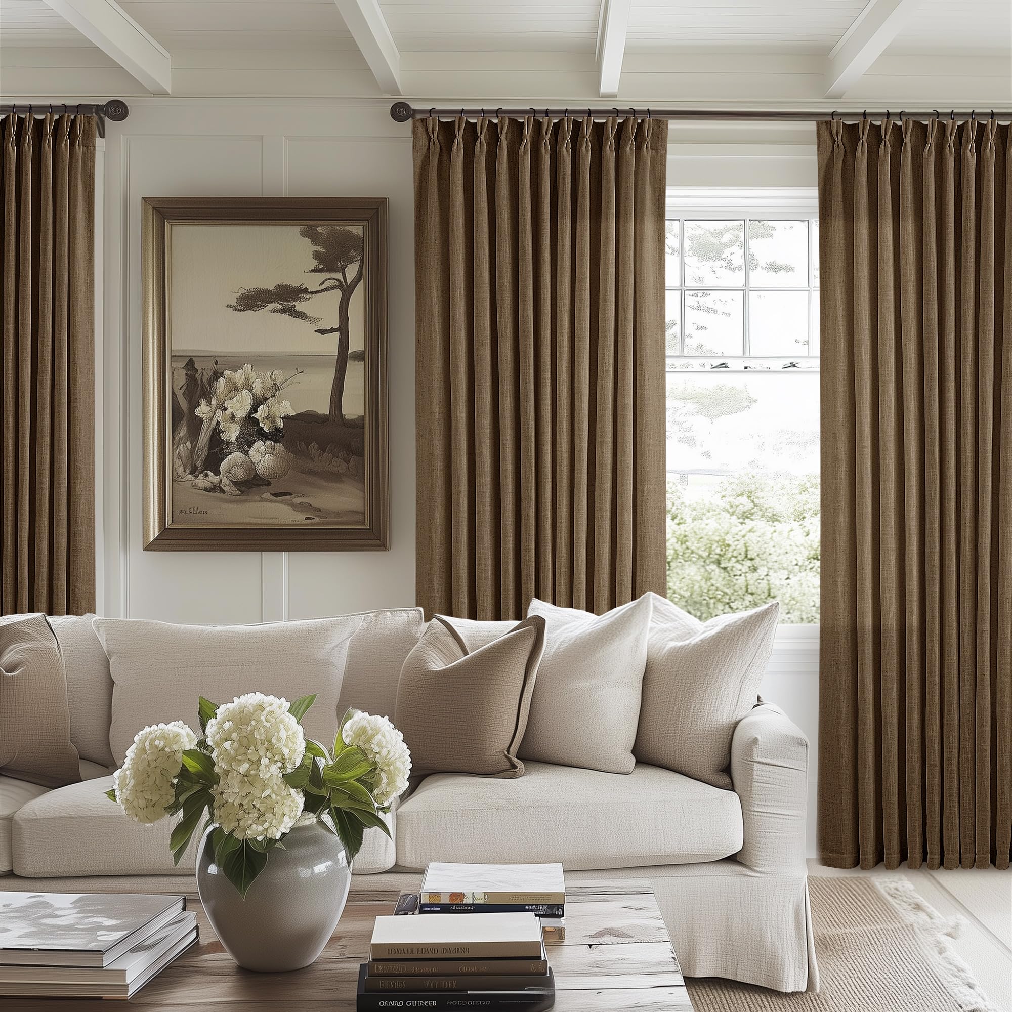 Pinch Pleated Linen Curtains 108 Inches Long for Living Room 2 Panels Set Cream Ivory Flax Double Pleated Drapes Back Tab Neutral Boho Ceiling Floor 108 Inch Window Curtains Bedroom Natural Birch