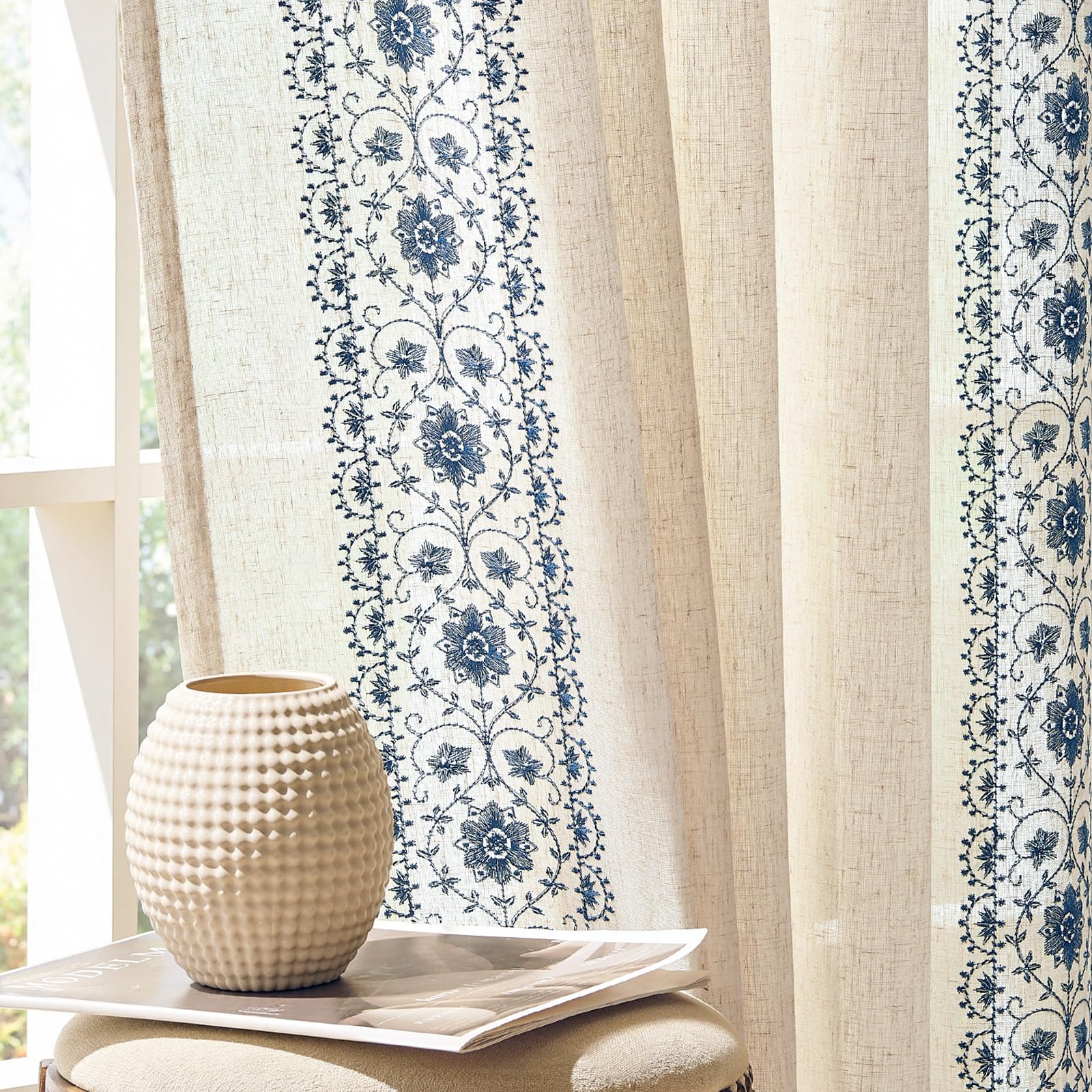 jinchan Weslie Boho Curtains for Bedroom Ivory Vintage Floral Farmhouse Curtains 84 Inches Long Linen Drapes for Living Room Embroidered Light Filtering Drapes Rod Pocket Ivory on Beige 2 Panels