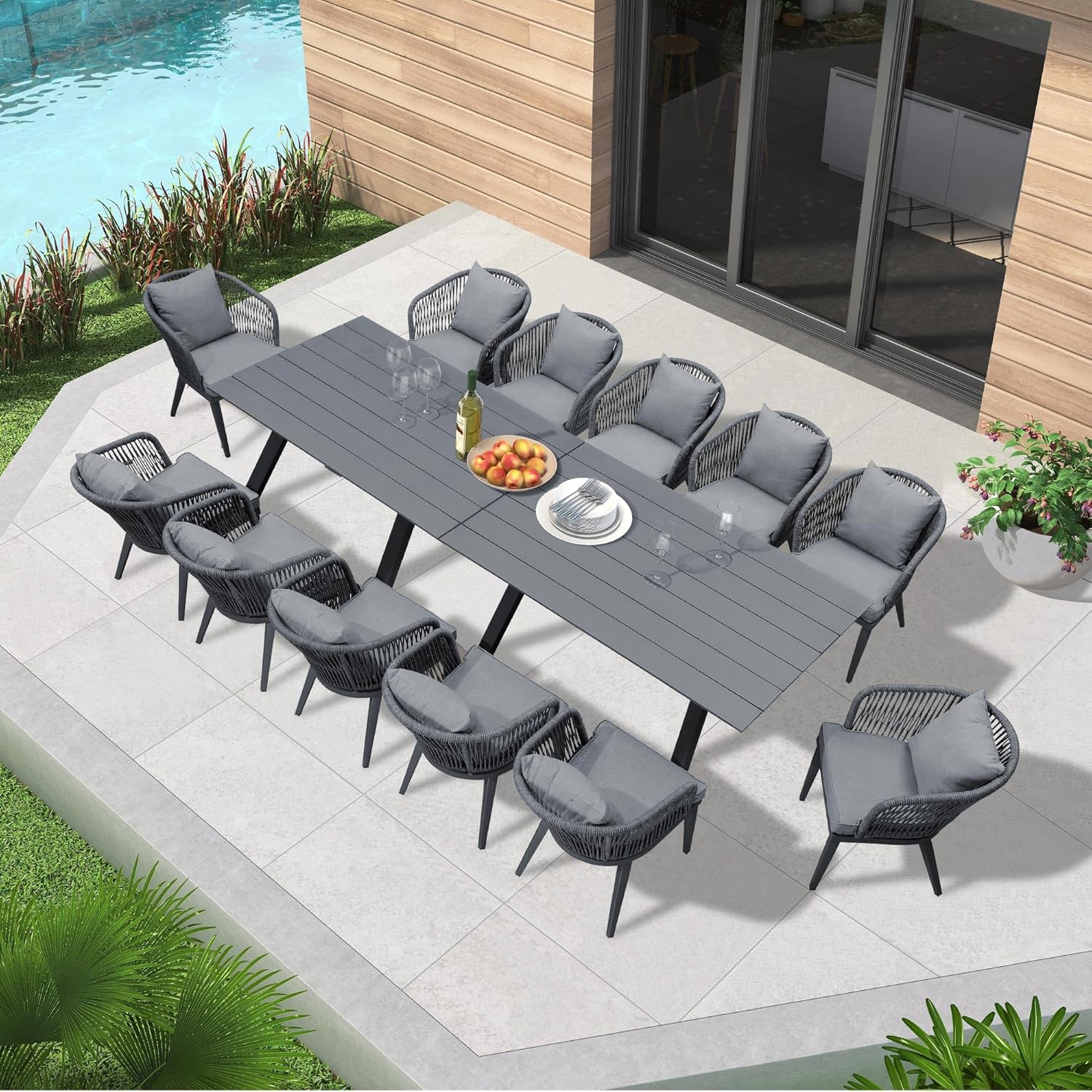 PURPLE LEAF 9 Pieces Patio Dining Set Wicker Outdoor Furniture Rectangular Table and Chairs Set for Garden Deck Teak-Finish Aluminum Frame Backyard Kitchen Set, Cushions and Pillows Included