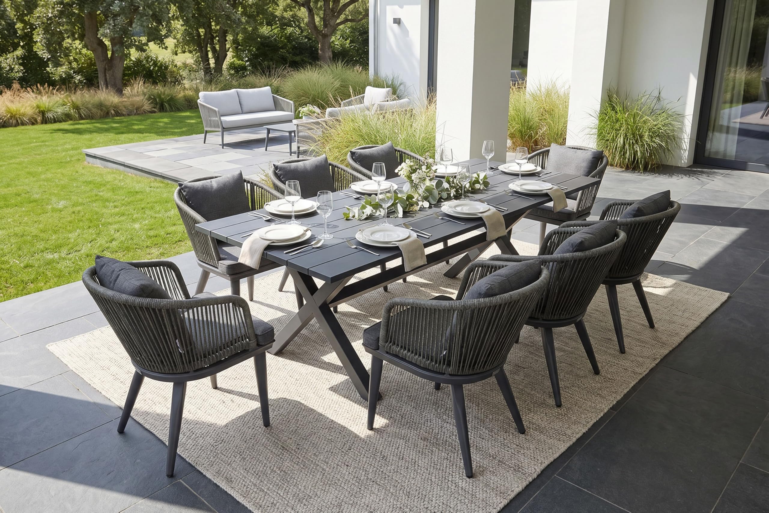PURPLE LEAF 9 Pieces Patio Dining Set Wicker Outdoor Furniture Rectangular Table and Chairs Set for Garden Deck Teak-Finish Aluminum Frame Backyard Kitchen Set, Cushions and Pillows Included