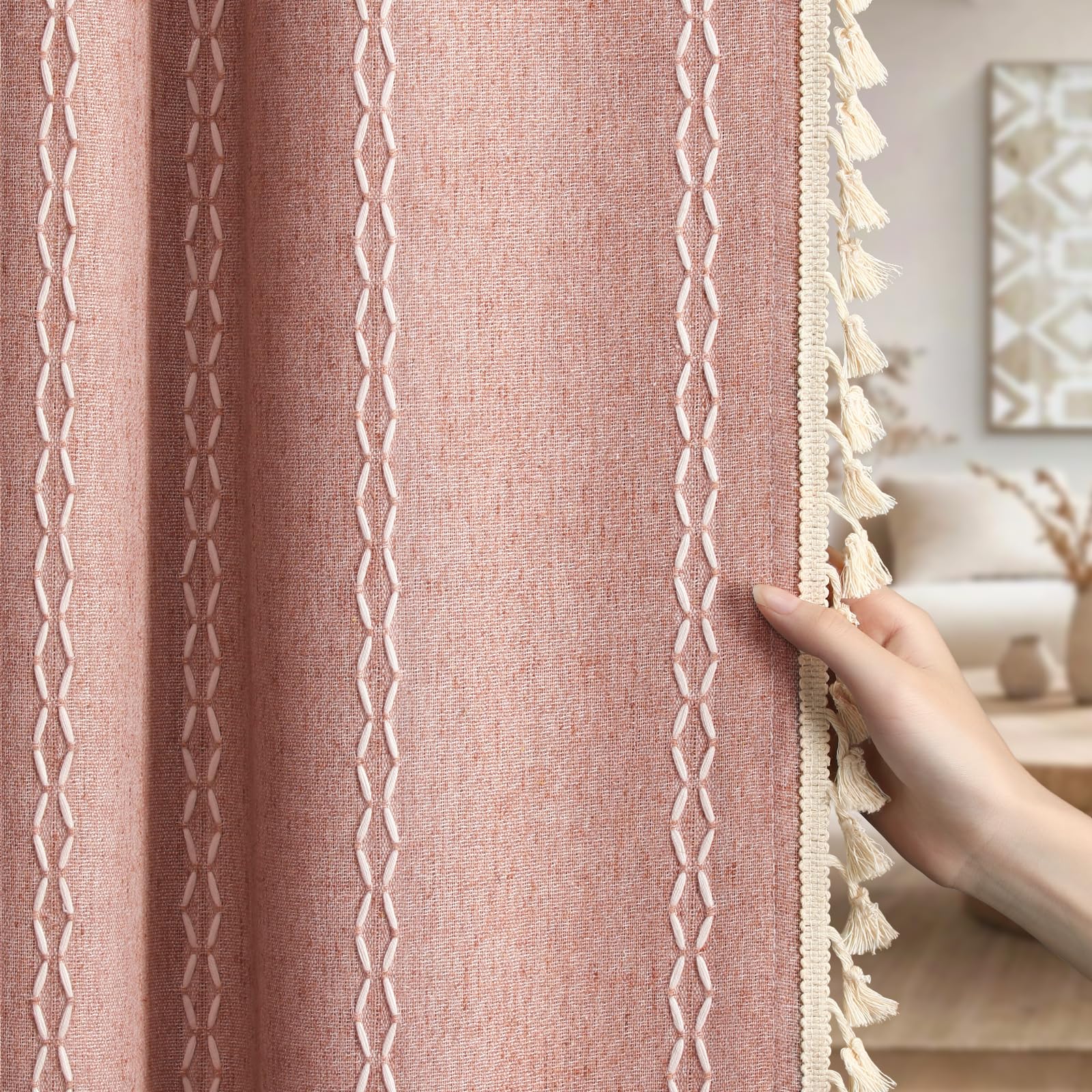 Boho Blackout Curtains 2 Panels 84 Inch for Living Room Bedroom, Beige Linen Texture Farmhouse Curtains with Tassels and Cotton Embroidery Vintage Rustic Western Rod Pocket