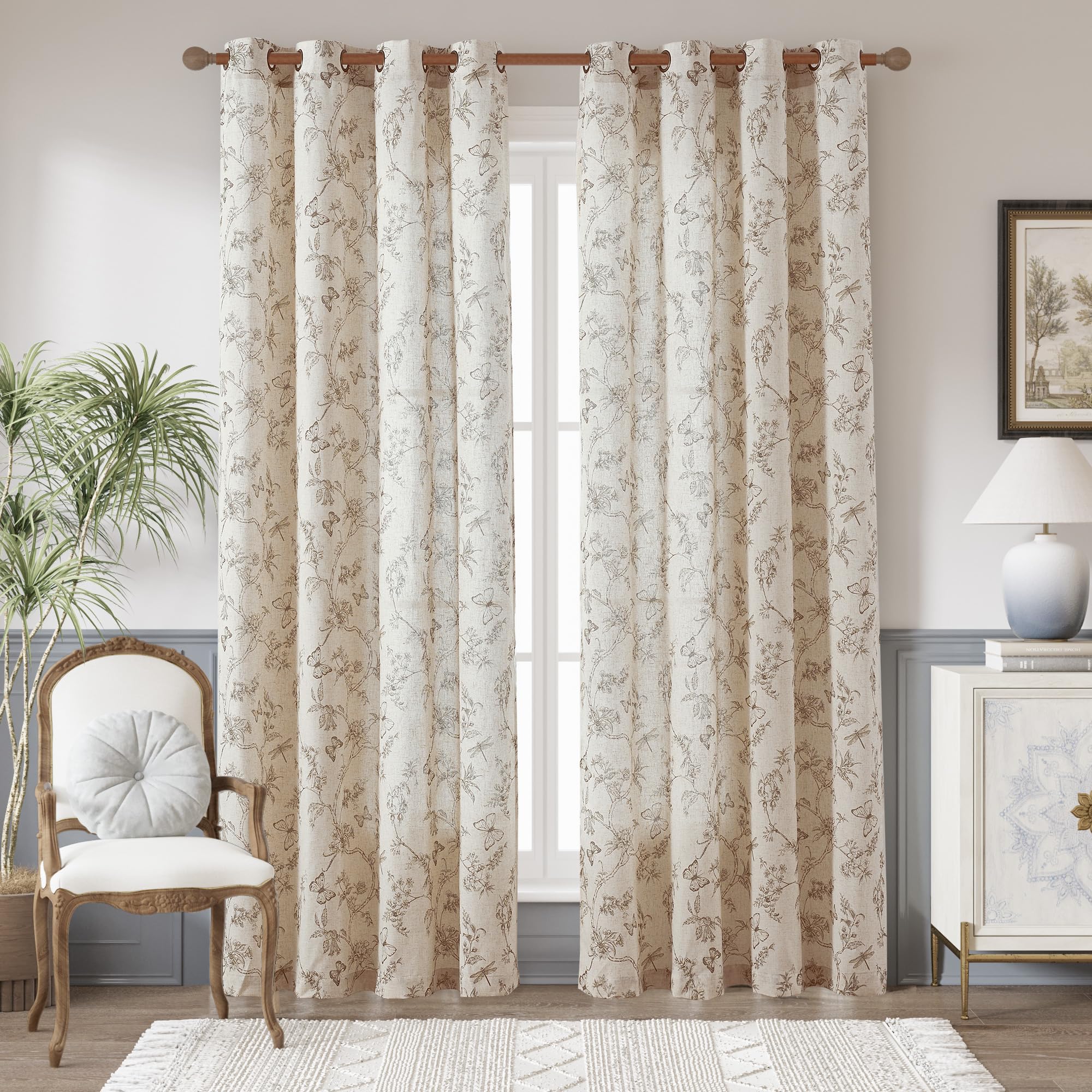 jinchan Linen Floral Curtains for Living Room with Printed Flower 84 Inches Long Light Filtering French Country Back Tab Rod Pocket Taupe Window Curtain Set Farmhouse Drapes 2 Panels Taupe