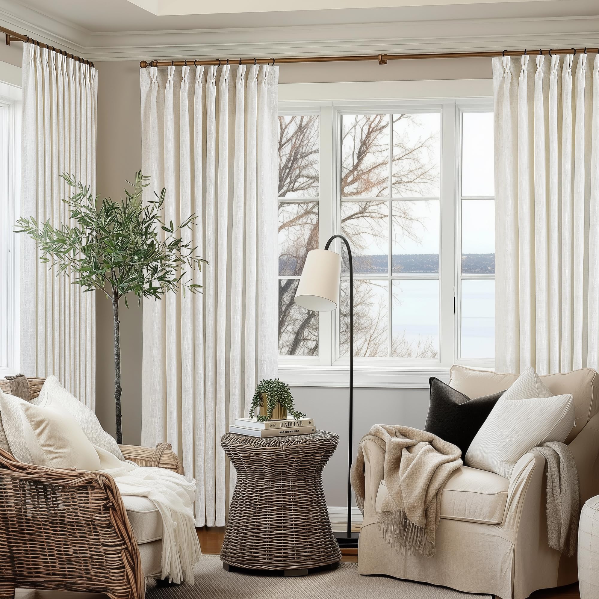 Pinch Pleated Linen Curtains 108 Inches Long for Living Room 2 Panels Set Cream Ivory Flax Double Pleated Drapes Back Tab Neutral Boho Ceiling Floor 108 Inch Window Curtains Bedroom Natural Birch