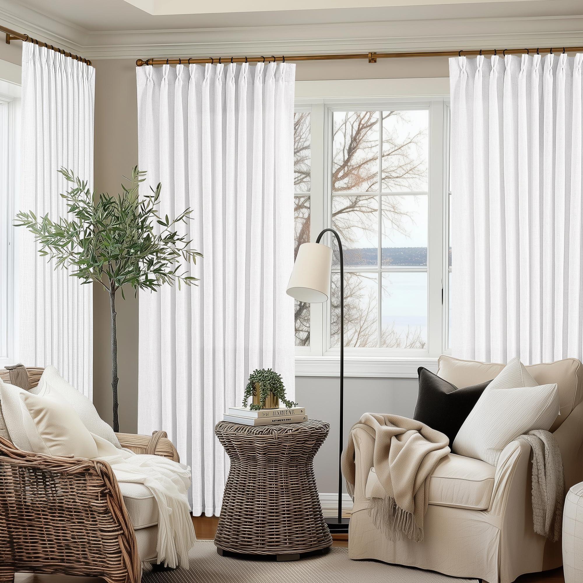 Pinch Pleated Linen Curtains 108 Inches Long for Living Room 2 Panels Set Cream Ivory Flax Double Pleated Drapes Back Tab Neutral Boho Ceiling Floor 108 Inch Window Curtains Bedroom Natural Birch