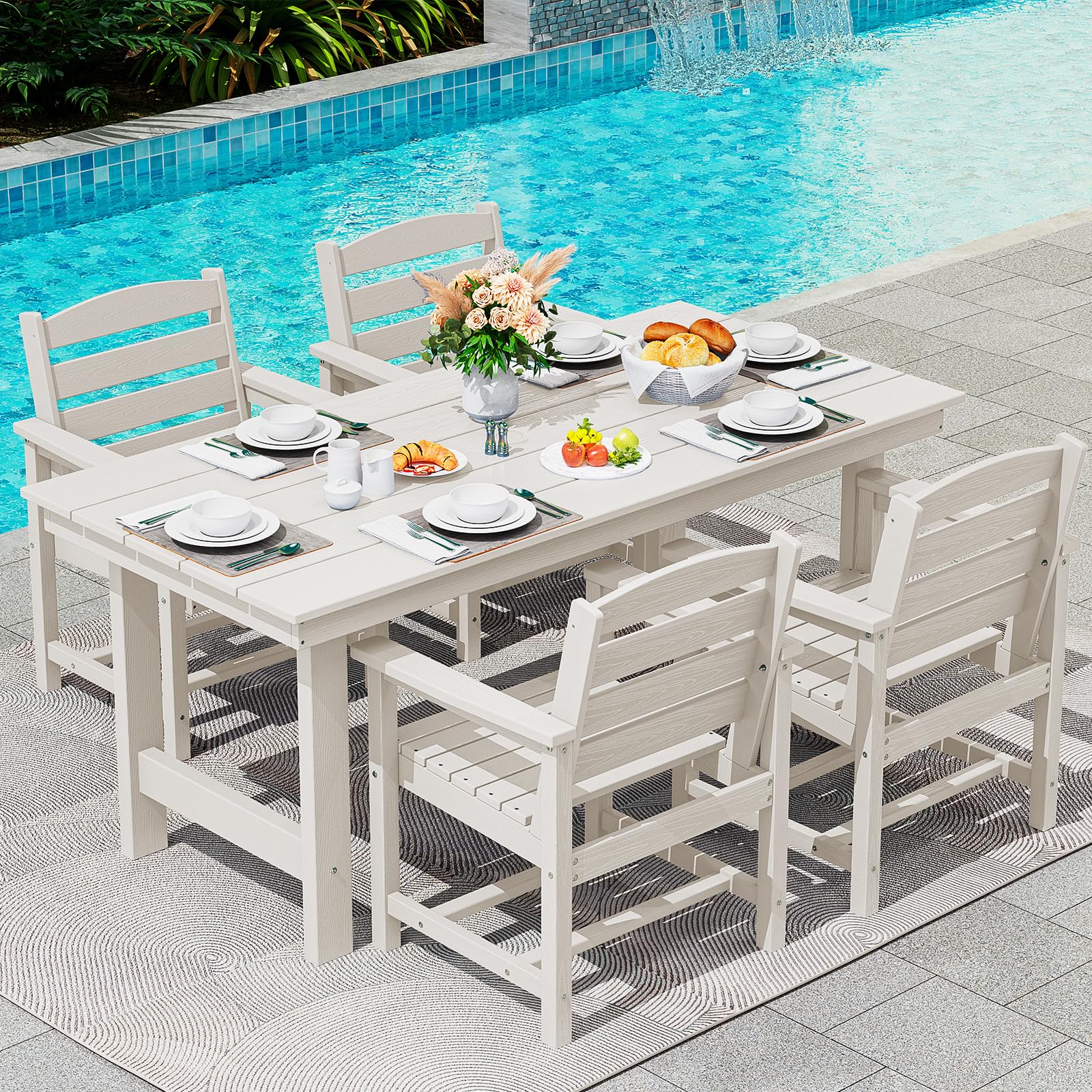 SERWALL Patio Dining Sets for 6 Person, HDPE Dining Set with 6 Armless Chairs, Black