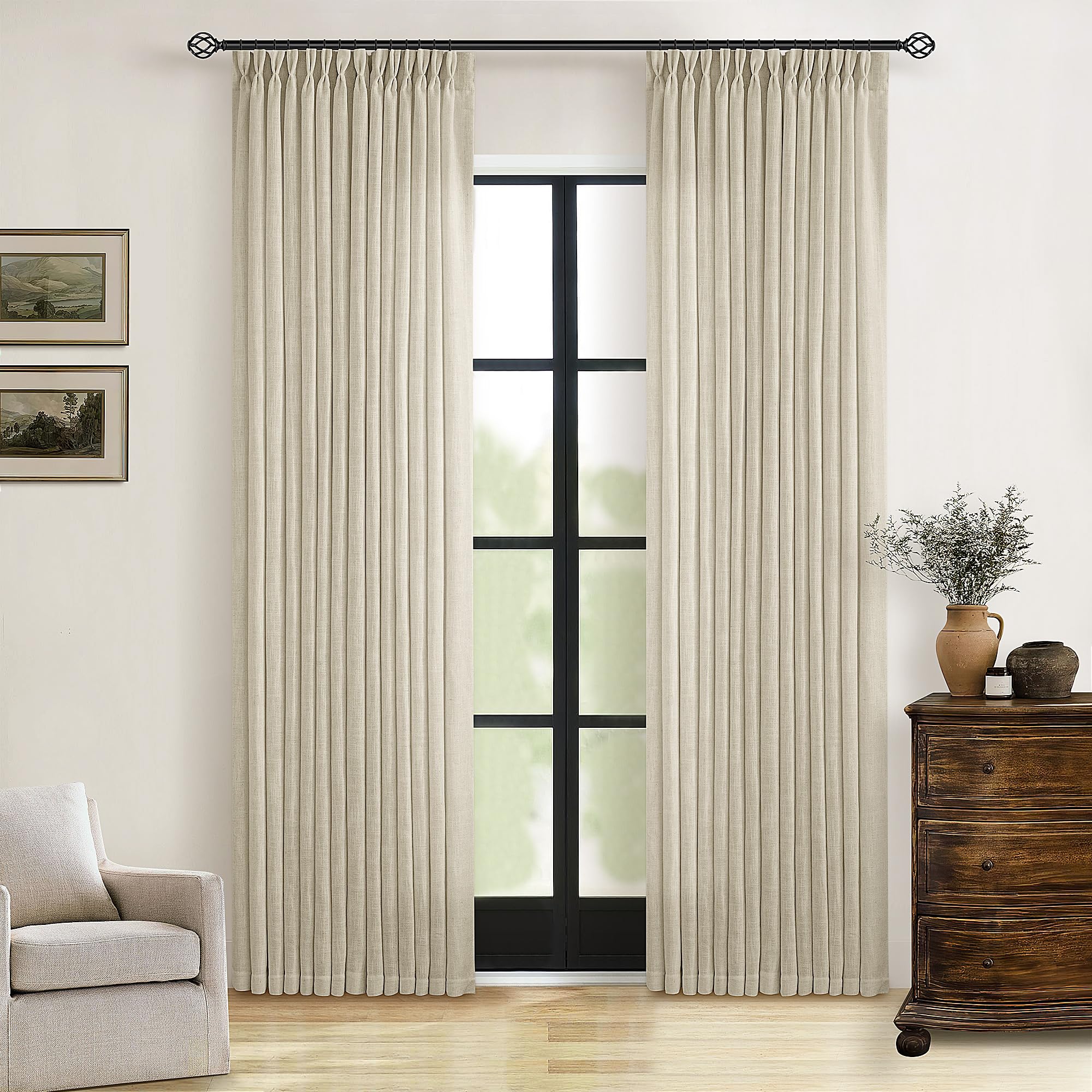 Pinch Pleated Linen Curtains 108 Inches Long for Living Room 2 Panels Set Cream Ivory Flax Double Pleated Drapes Back Tab Neutral Boho Ceiling Floor 108 Inch Window Curtains Bedroom Natural Birch