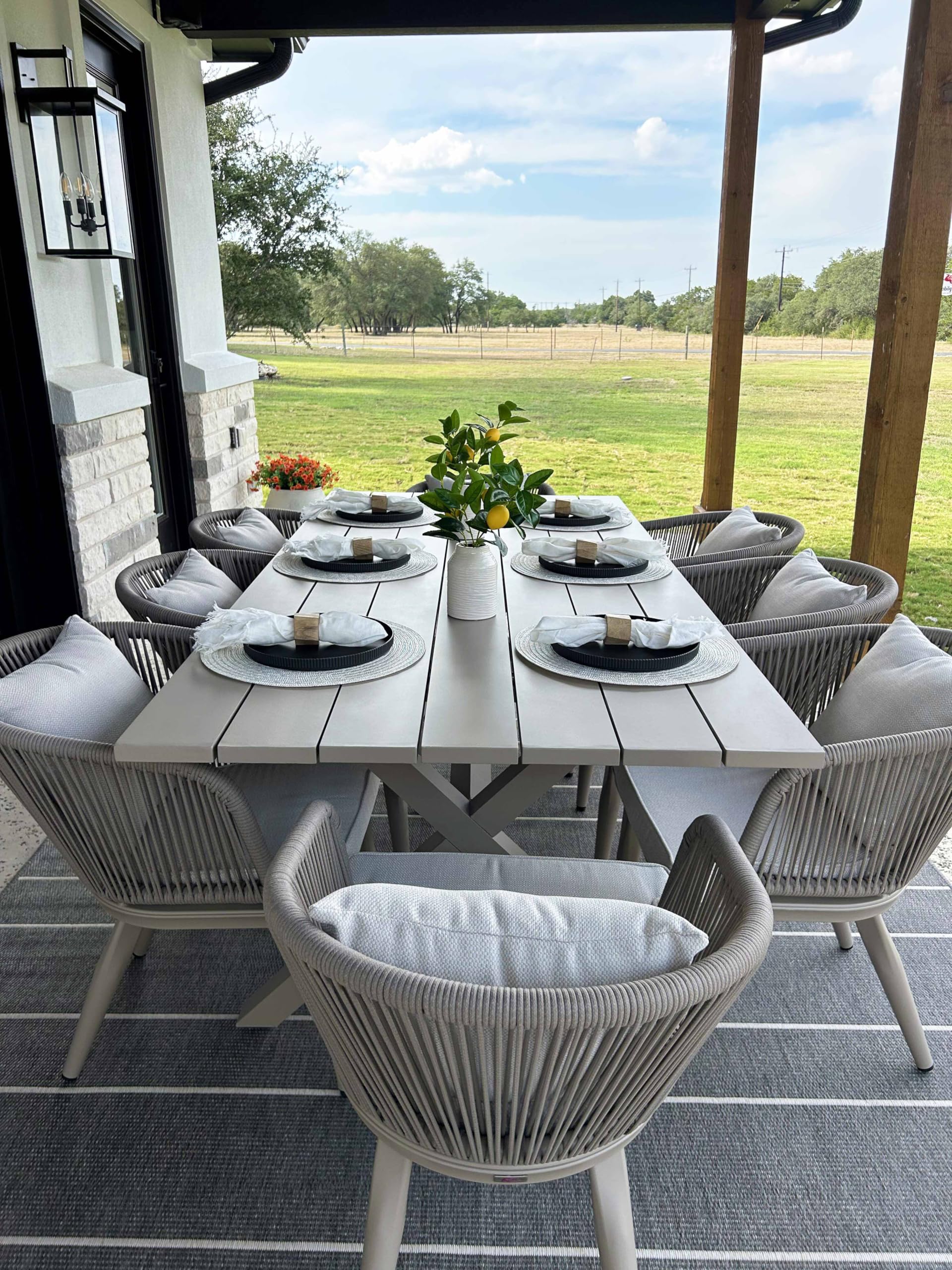 PURPLE LEAF 9 Pieces Patio Dining Set Wicker Outdoor Furniture Rectangular Table and Chairs Set for Garden Deck Teak-Finish Aluminum Frame Backyard Kitchen Set, Cushions and Pillows Included