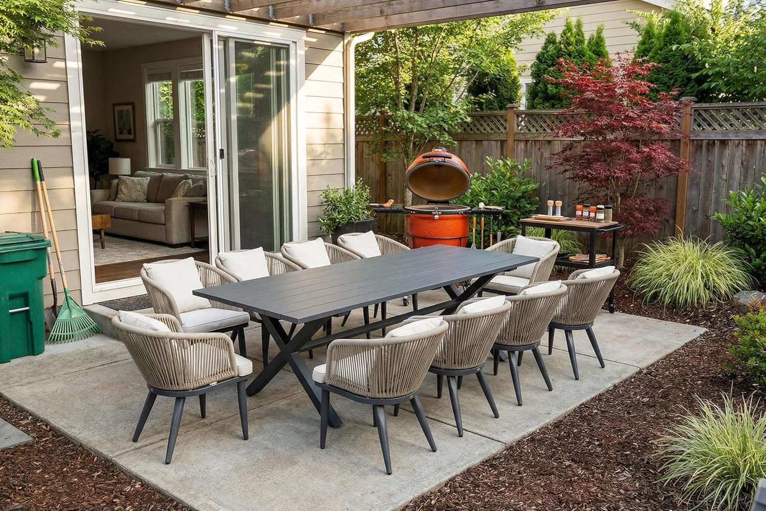 PURPLE LEAF 9 Pieces Patio Dining Set Wicker Outdoor Furniture Rectangular Table and Chairs Set for Garden Deck Teak-Finish Aluminum Frame Backyard Kitchen Set, Cushions and Pillows Included